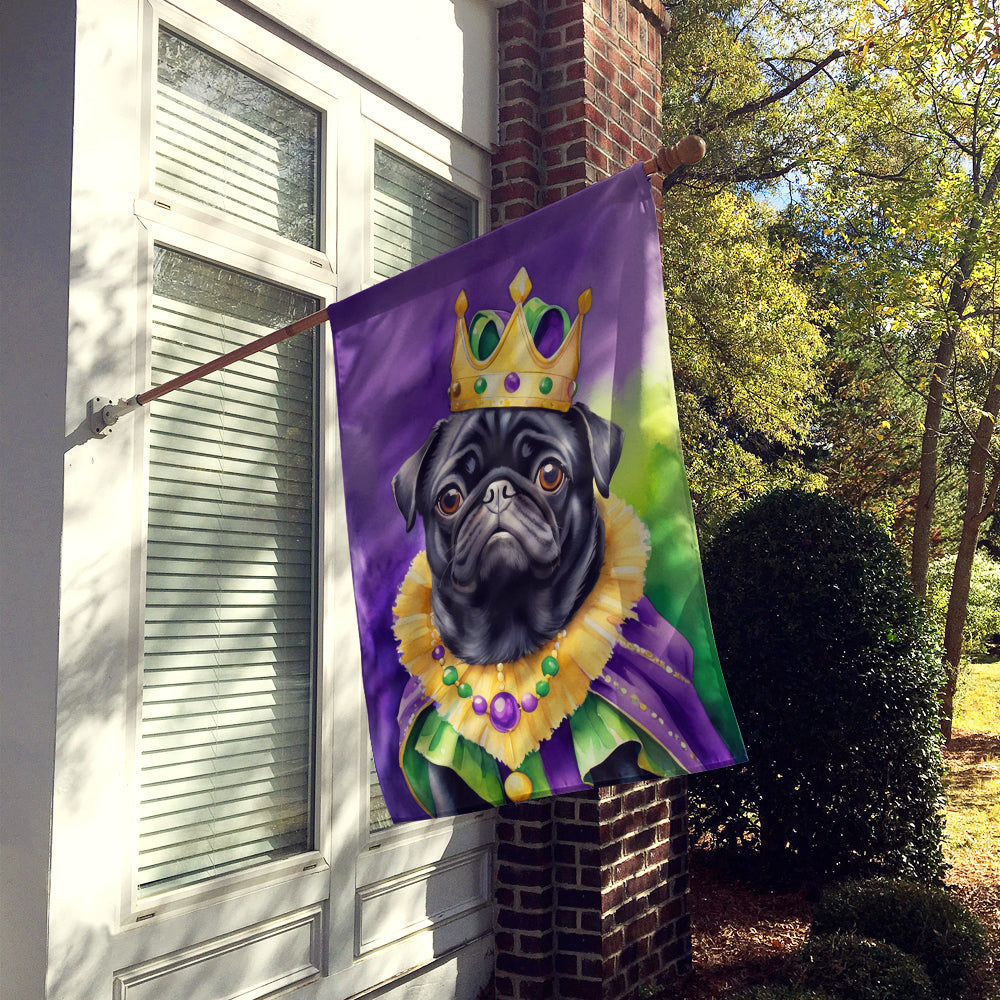 Black Pug King of Mardi Gras House Flag 28x40 Porch Sleeve Pole Decorative Outside Yard Banner Artwork Wall Hanging, Polyester