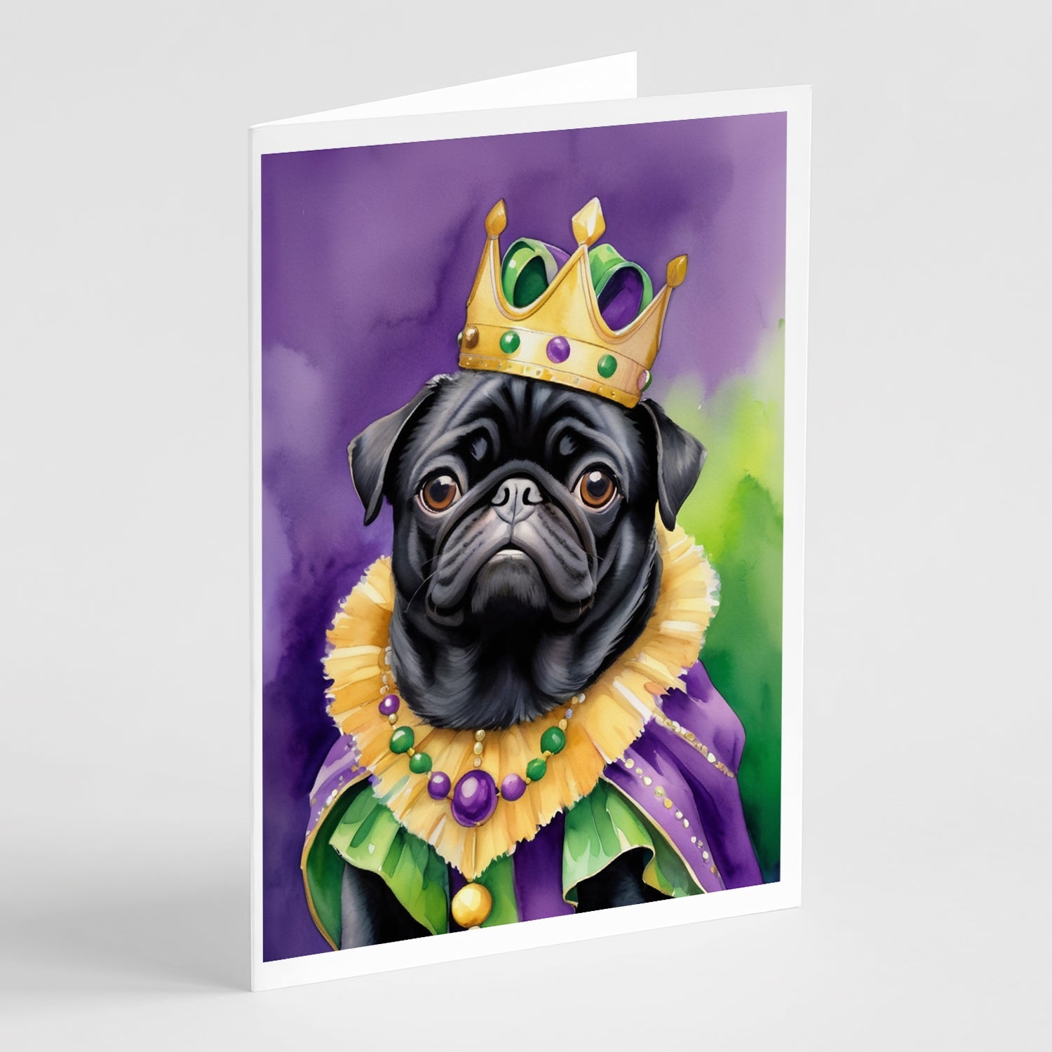 Black Pug King of Mardi Gras Greeting Cards Pack of 8 Blank Cards with Envelopes Whimsical A7 Size 5x7