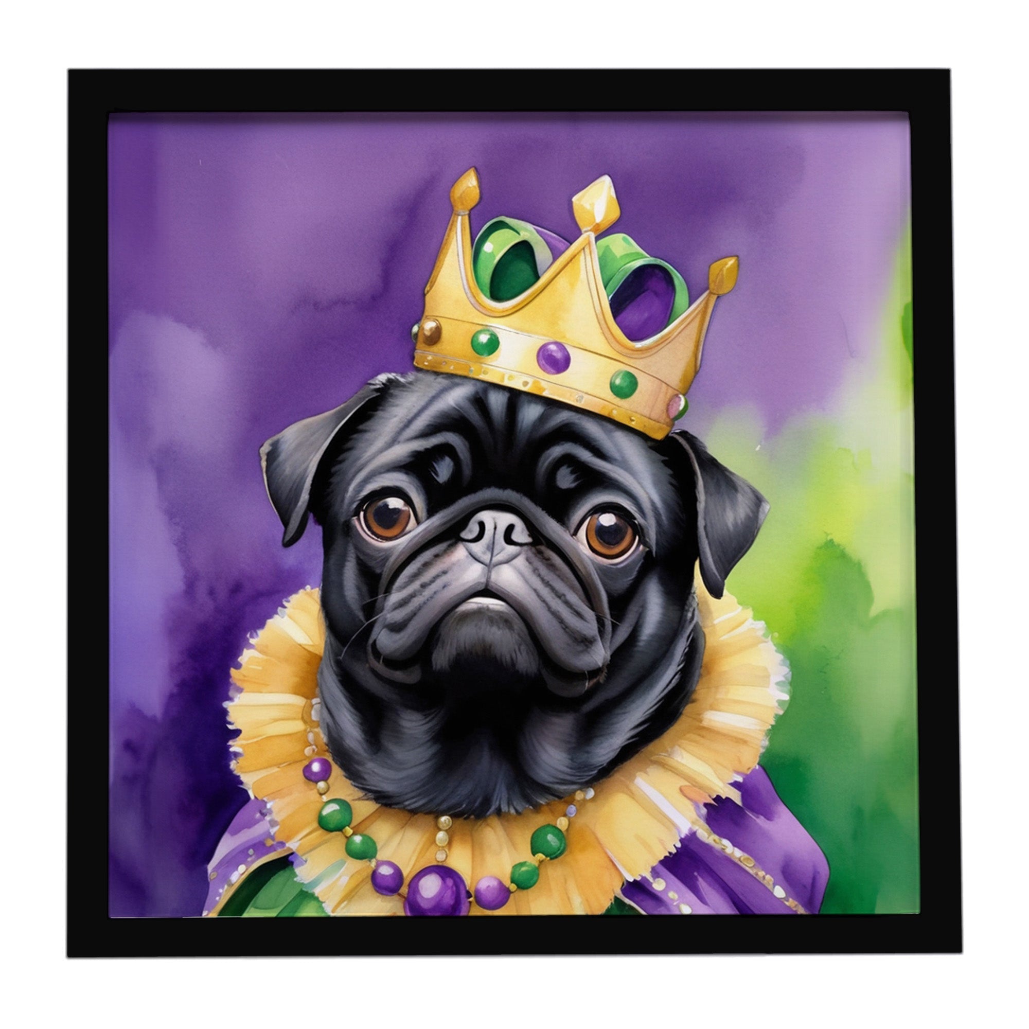 Black Pug King of Mardi Gras Framed Metal Print Bathroom, Kitchen, Office, Home Decor Wall Art Ready to Hang, Square, 8X8