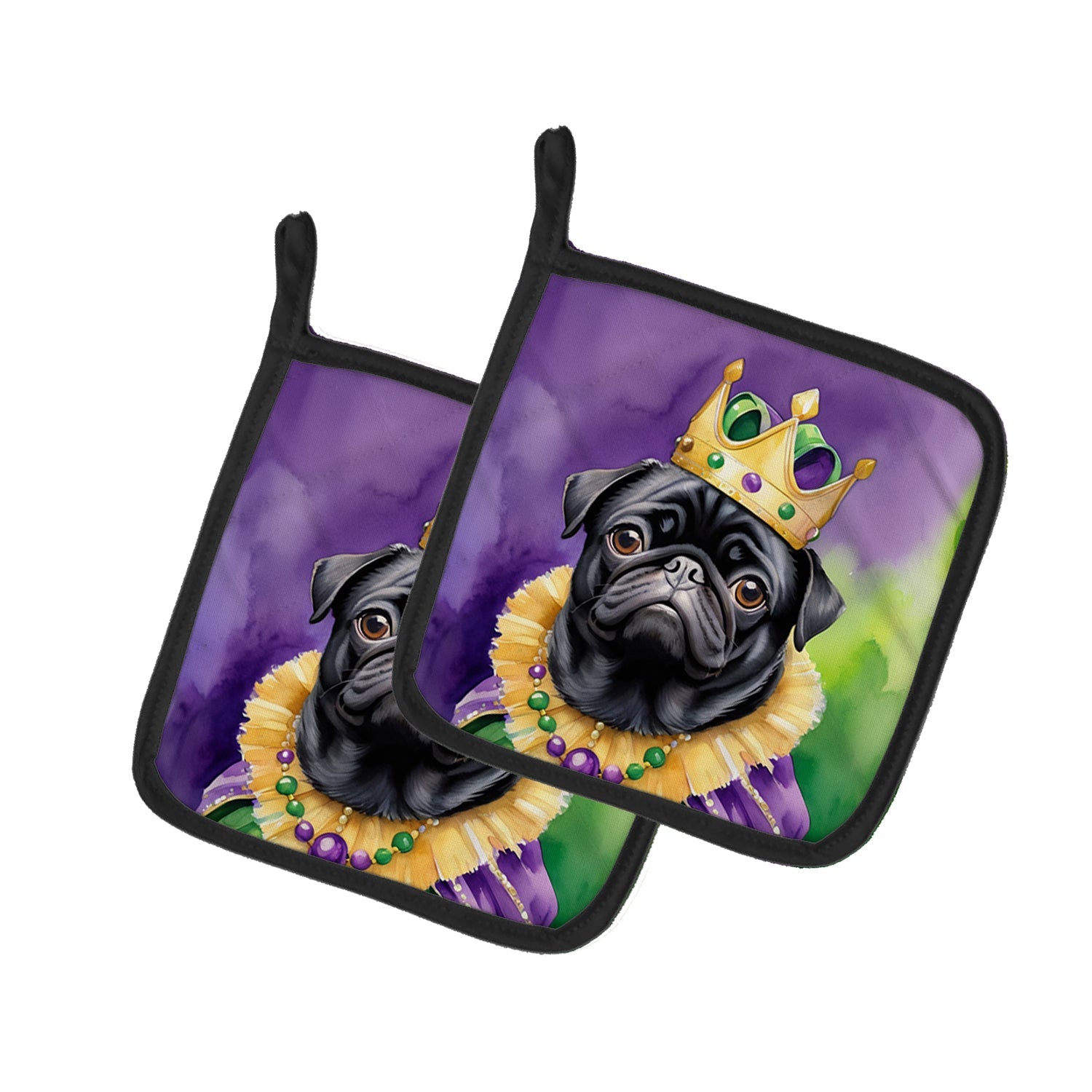 Black Pug King of Mardi Gras Pot Holder Set of 2 Heat Resistant Quilted Hot Pads 7.5 x 7.5 Inch, Insulated Kitchen Trivets for Cooking & Baking