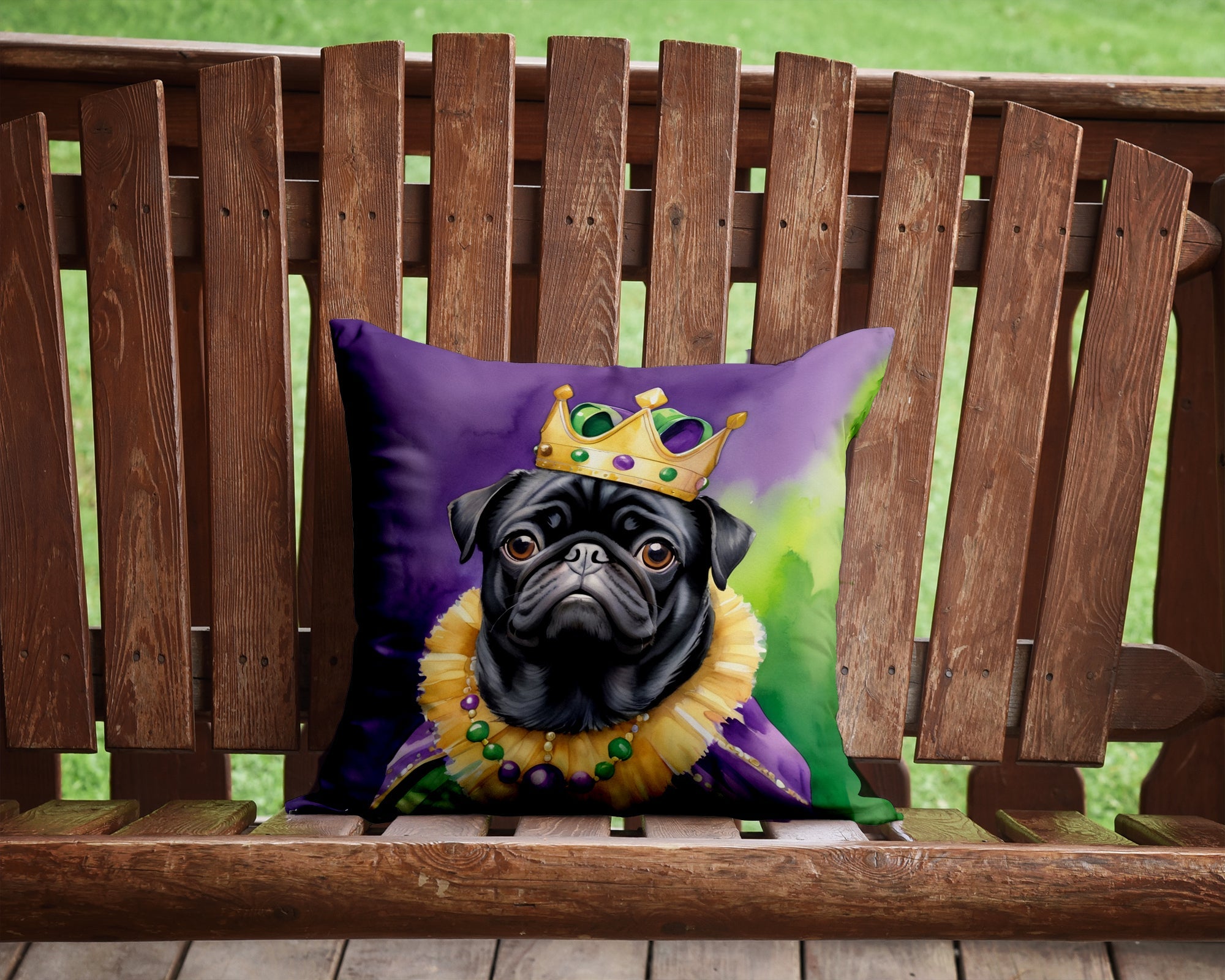 Black Pug King of Mardi Gras Decorative Throw Pillow 14x14 Indoor Outdoor Accent Cushion, Fabric Cover with Insert for Sofa, Bed, Porch & Living Room