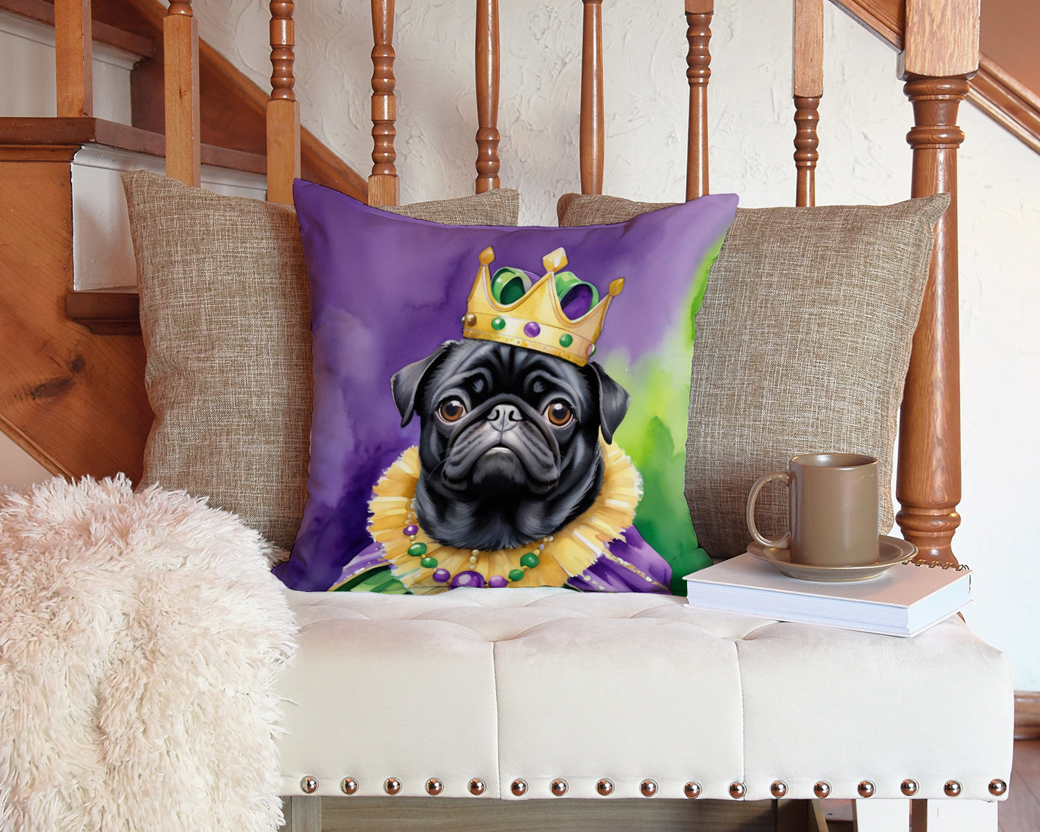 Black Pug King of Mardi Gras Decorative Throw Pillow 14x14 Indoor Outdoor Accent Cushion, Fabric Cover with Insert for Sofa, Bed, Porch & Living Room