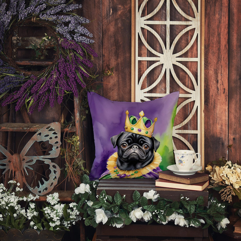 Black Pug King of Mardi Gras Decorative Throw Pillow 14x14 Indoor Outdoor Accent Cushion, Fabric Cover with Insert for Sofa, Bed, Porch & Living Room