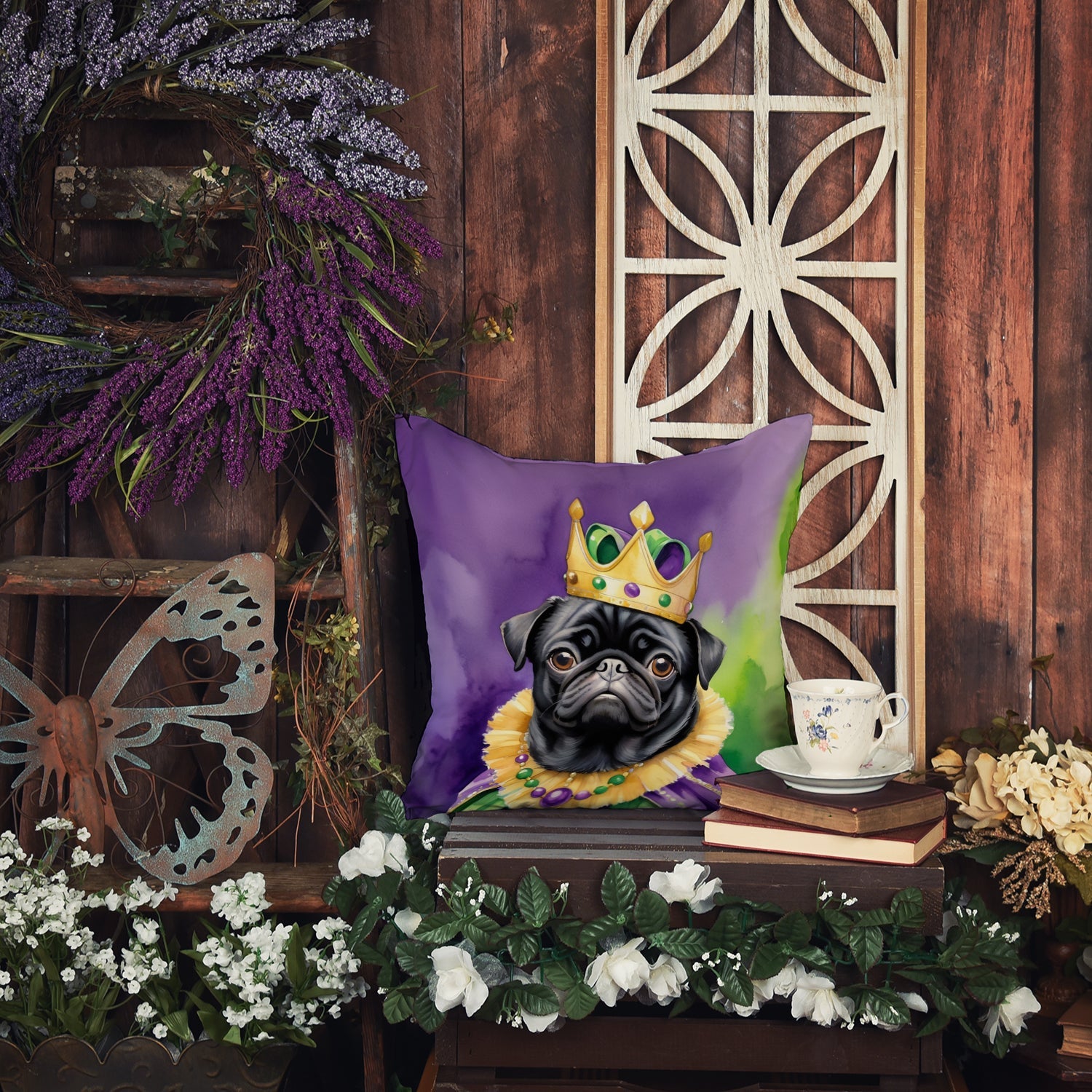 Black Pug King of Mardi Gras Decorative Throw Pillow 14x14 Indoor Outdoor Accent Cushion, Fabric Cover with Insert for Sofa, Bed, Porch & Living Room