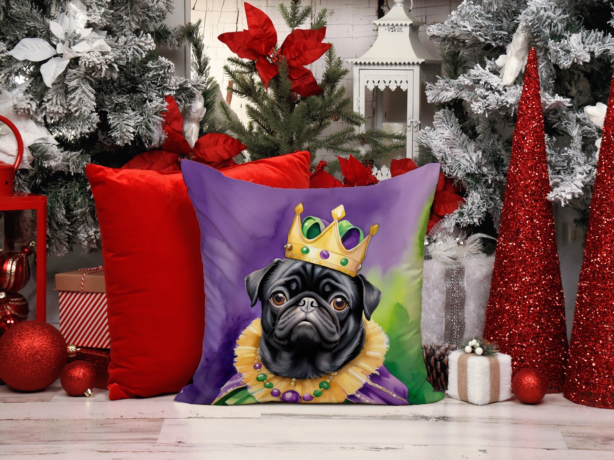 Black Pug King of Mardi Gras Decorative Throw Pillow 14x14 Indoor Outdoor Accent Cushion, Fabric Cover with Insert for Sofa, Bed, Porch & Living Room