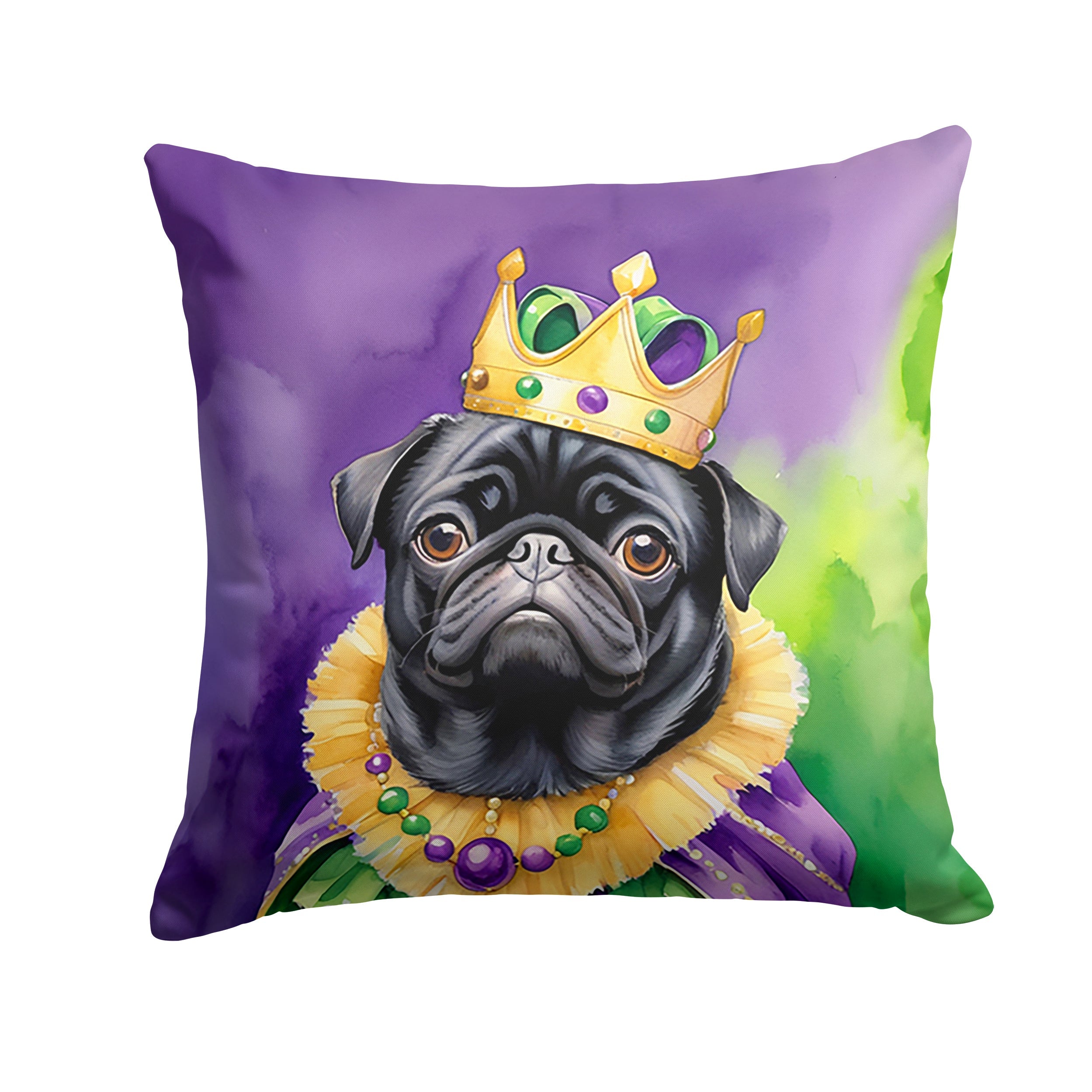 Black Pug King of Mardi Gras Decorative Throw Pillow 18x18 Indoor Outdoor Accent Cushion, Fabric Cover with Insert for Sofa, Bed, Porch & Living Room