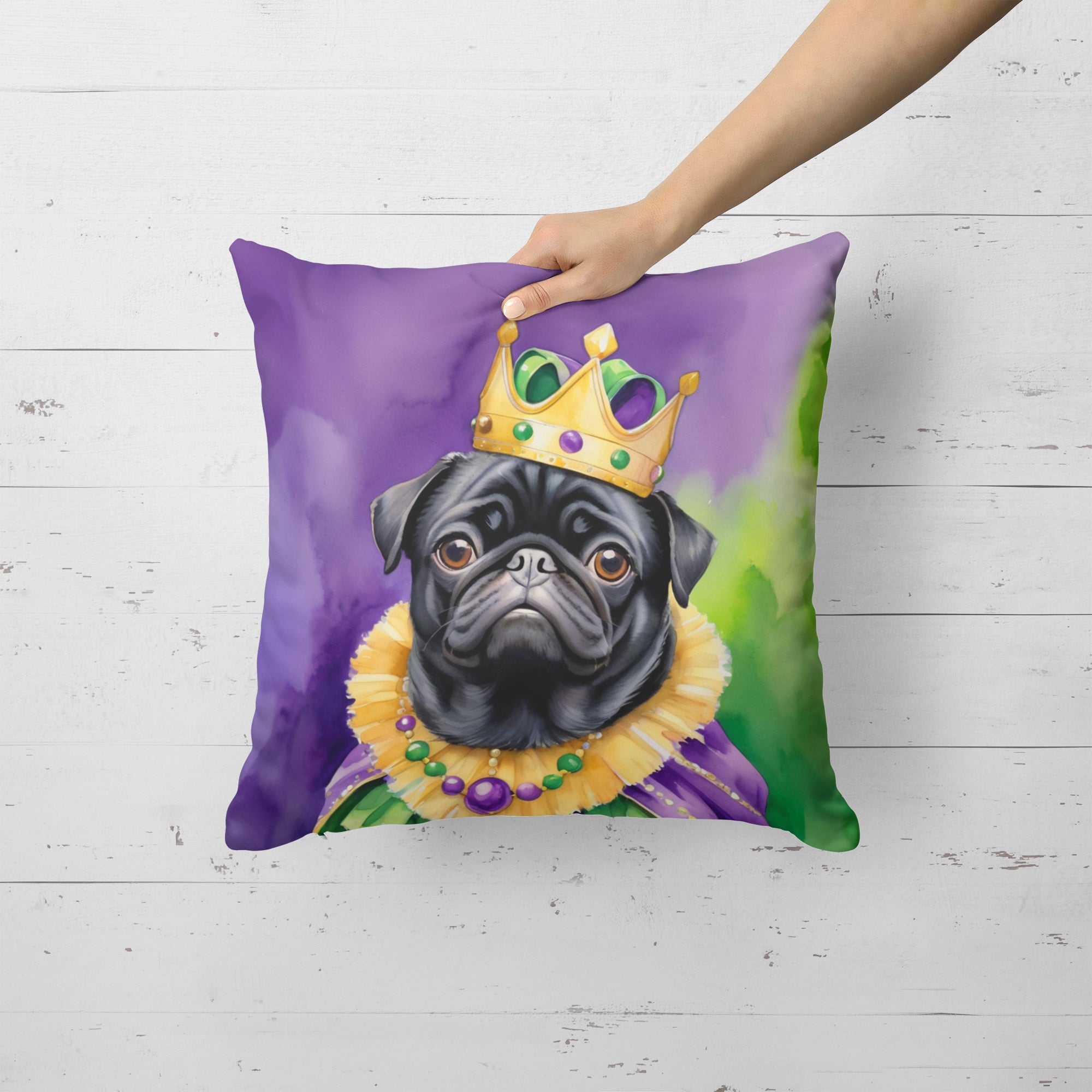 Black Pug King of Mardi Gras Decorative Throw Pillow 18x18 Indoor Outdoor Accent Cushion, Fabric Cover with Insert for Sofa, Bed, Porch & Living Room