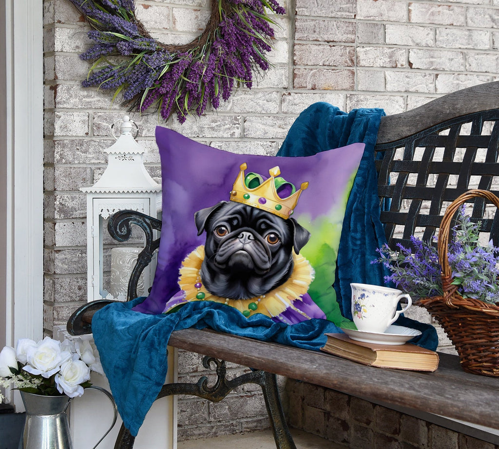 Black Pug King of Mardi Gras Decorative Throw Pillow 18x18 Indoor Outdoor Accent Cushion, Fabric Cover with Insert for Sofa, Bed, Porch & Living Room