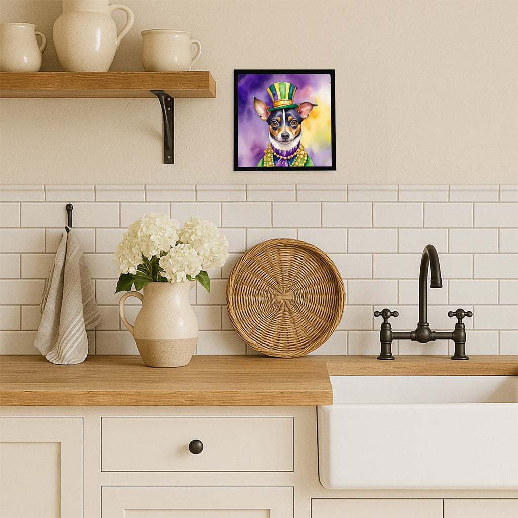 Rat Terrier King of Mardi Gras Framed Metal Print Bathroom, Kitchen, Office, Home Decor Wall Art Ready to Hang, Square, 8X8