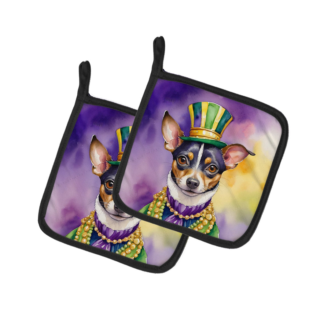 Rat Terrier King of Mardi Gras Pot Holder Set of 2 Heat Resistant Quilted Hot Pads 7.5 x 7.5 Inch, Insulated Kitchen Trivets for Cooking & Baking