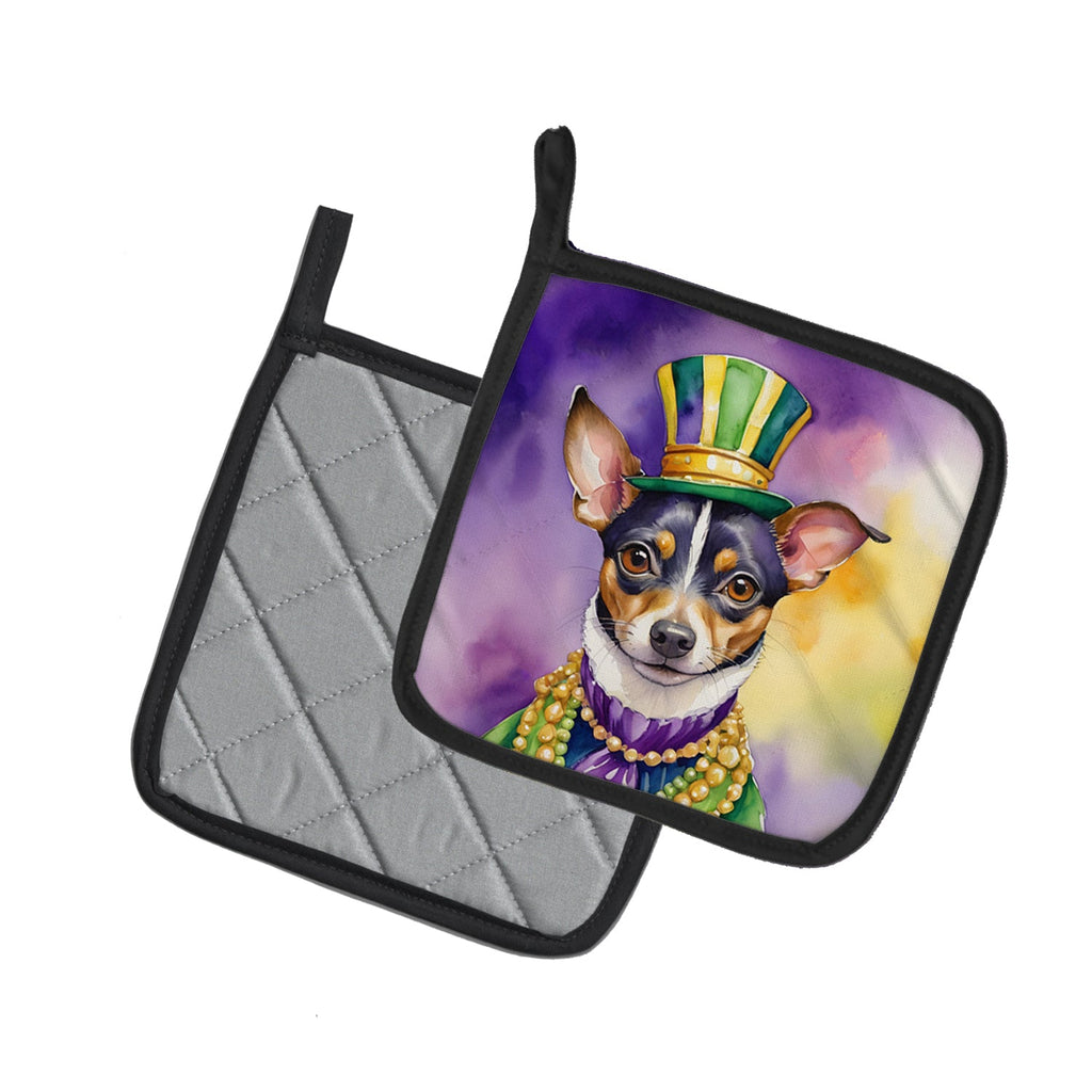 Rat Terrier King of Mardi Gras Pot Holder Set of 2 Heat Resistant Quilted Hot Pads 7.5 x 7.5 Inch, Insulated Kitchen Trivets for Cooking & Baking
