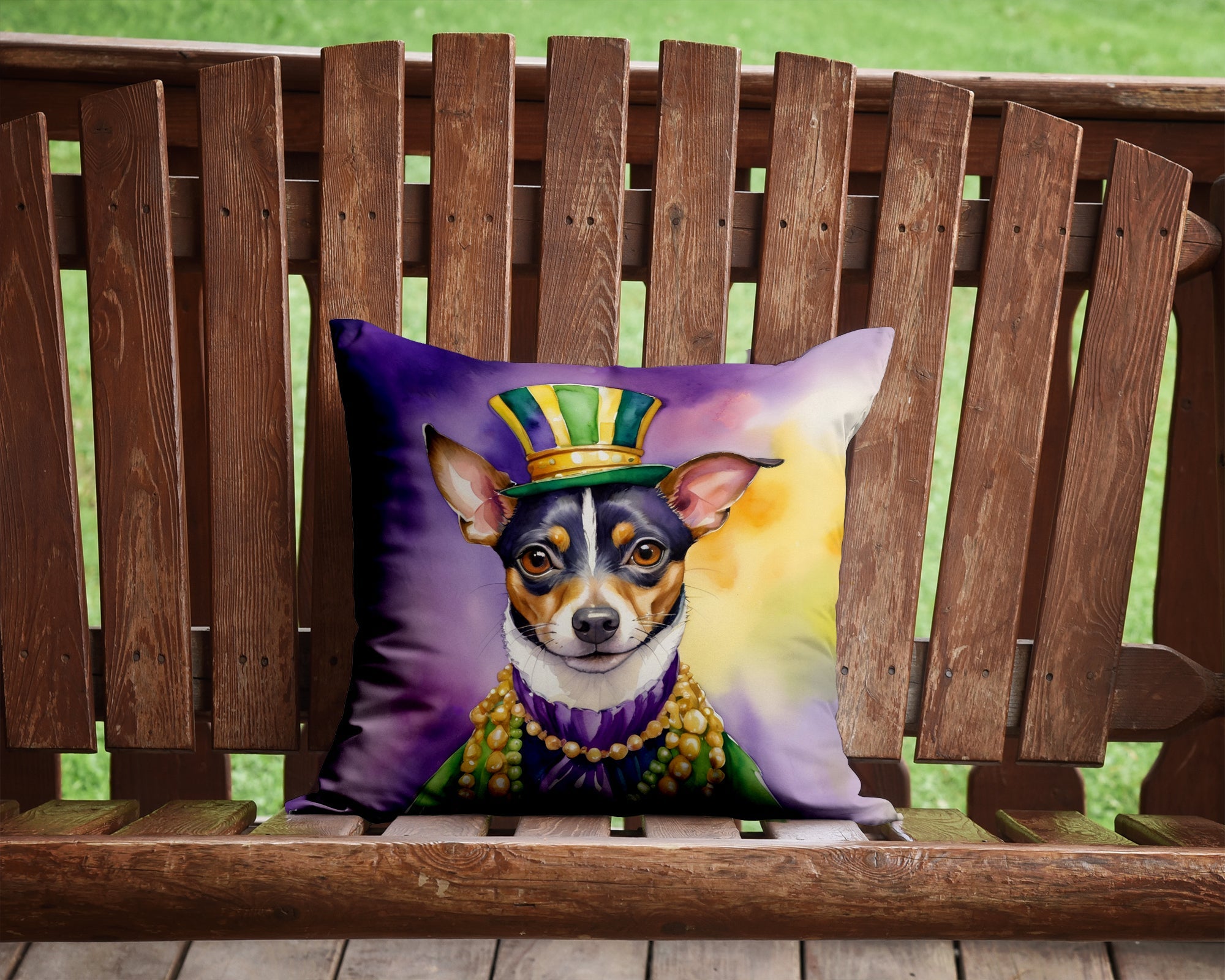 Rat Terrier King of Mardi Gras Decorative Throw Pillow 14x14 Indoor Outdoor Accent Cushion, Fabric Cover with Insert for Sofa, Bed, Porch & Living Room