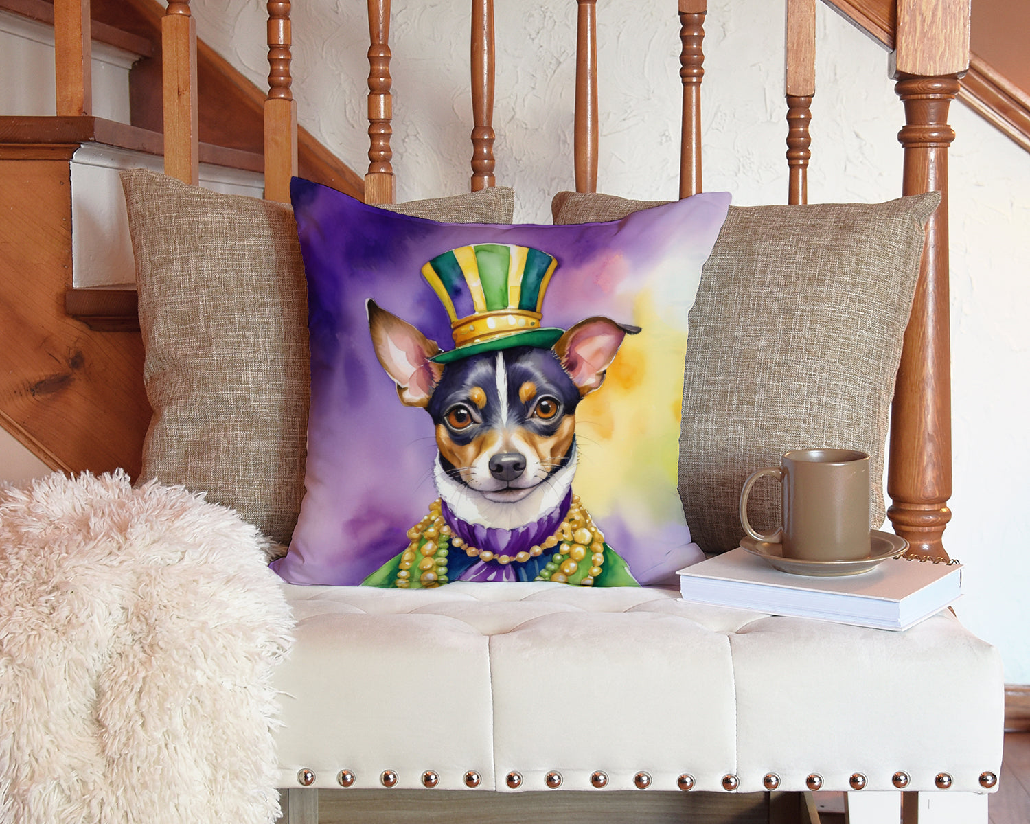 Rat Terrier King of Mardi Gras Decorative Throw Pillow 14x14 Indoor Outdoor Accent Cushion, Fabric Cover with Insert for Sofa, Bed, Porch & Living Room