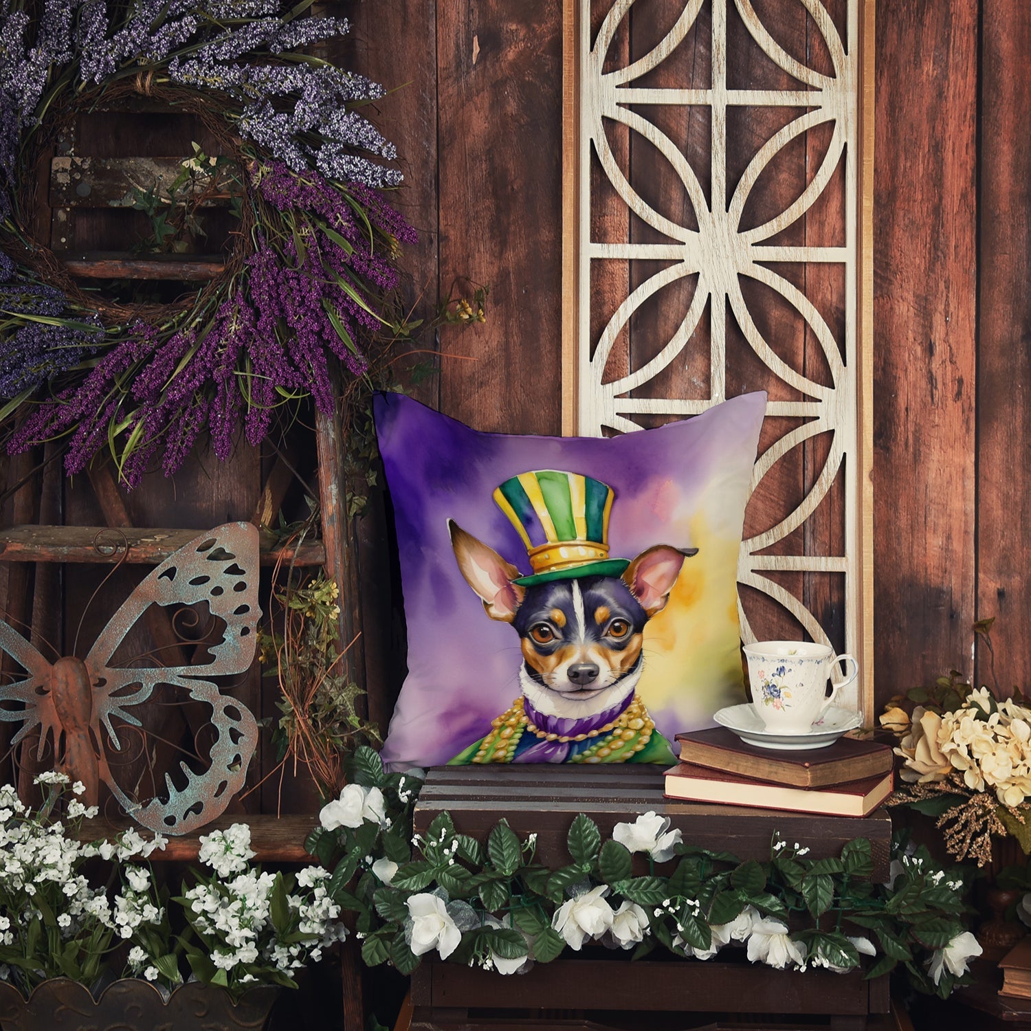 Rat Terrier King of Mardi Gras Decorative Throw Pillow 18x18 Indoor Outdoor Accent Cushion, Fabric Cover with Insert for Sofa, Bed, Porch & Living Room
