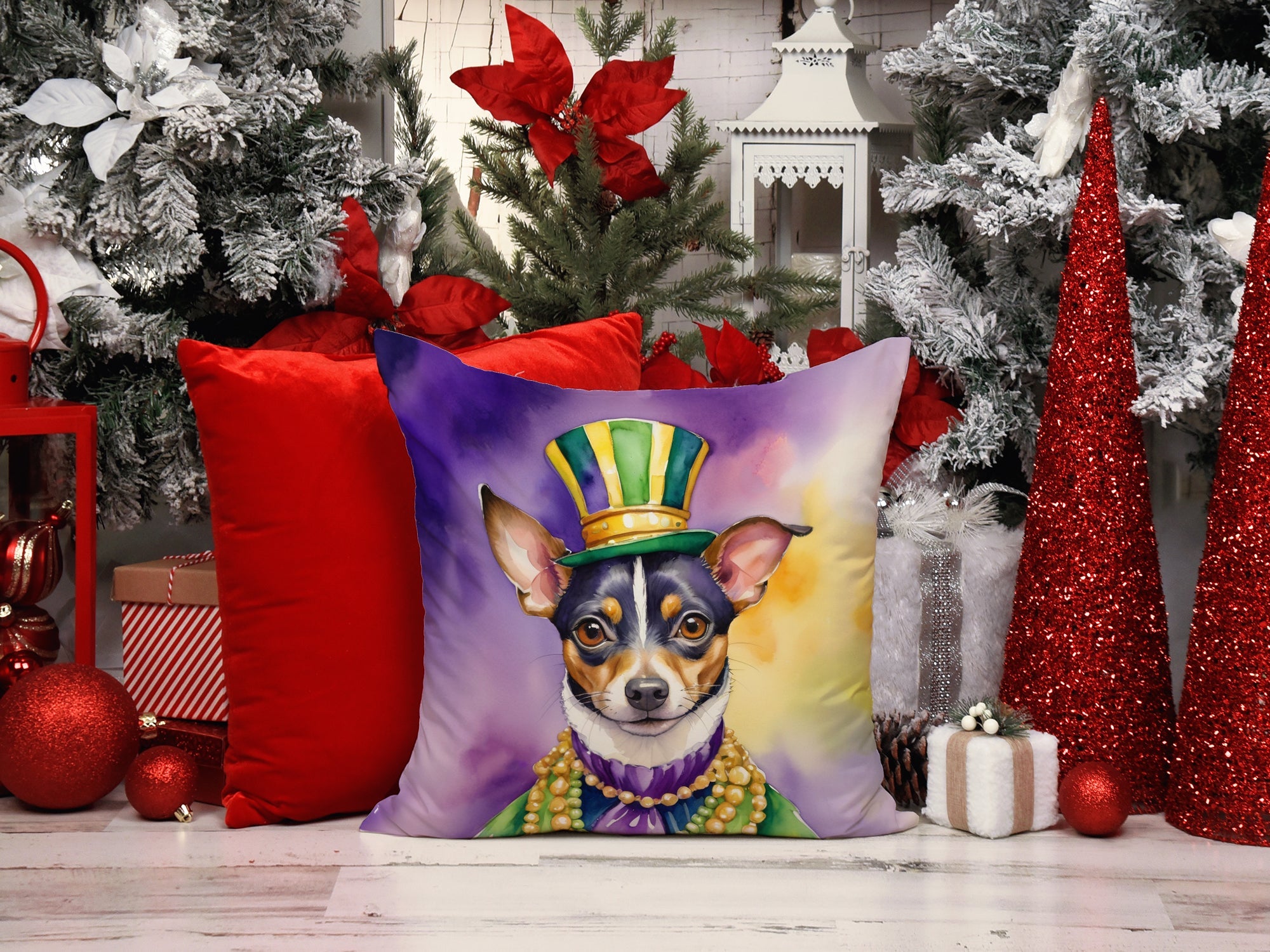 Rat Terrier King of Mardi Gras Decorative Throw Pillow 18x18 Indoor Outdoor Accent Cushion, Fabric Cover with Insert for Sofa, Bed, Porch & Living Room