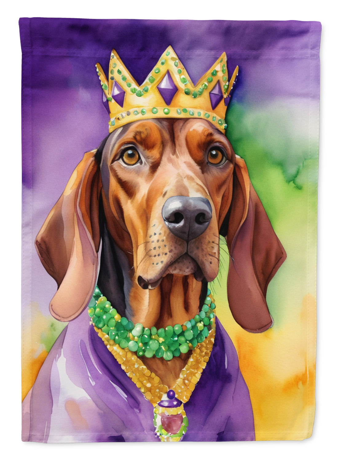 Redbone Coonhound King of Mardi Gras House Flag 28x40 Porch Sleeve Pole Decorative Outside Yard Banner Artwork Wall Hanging, Polyester