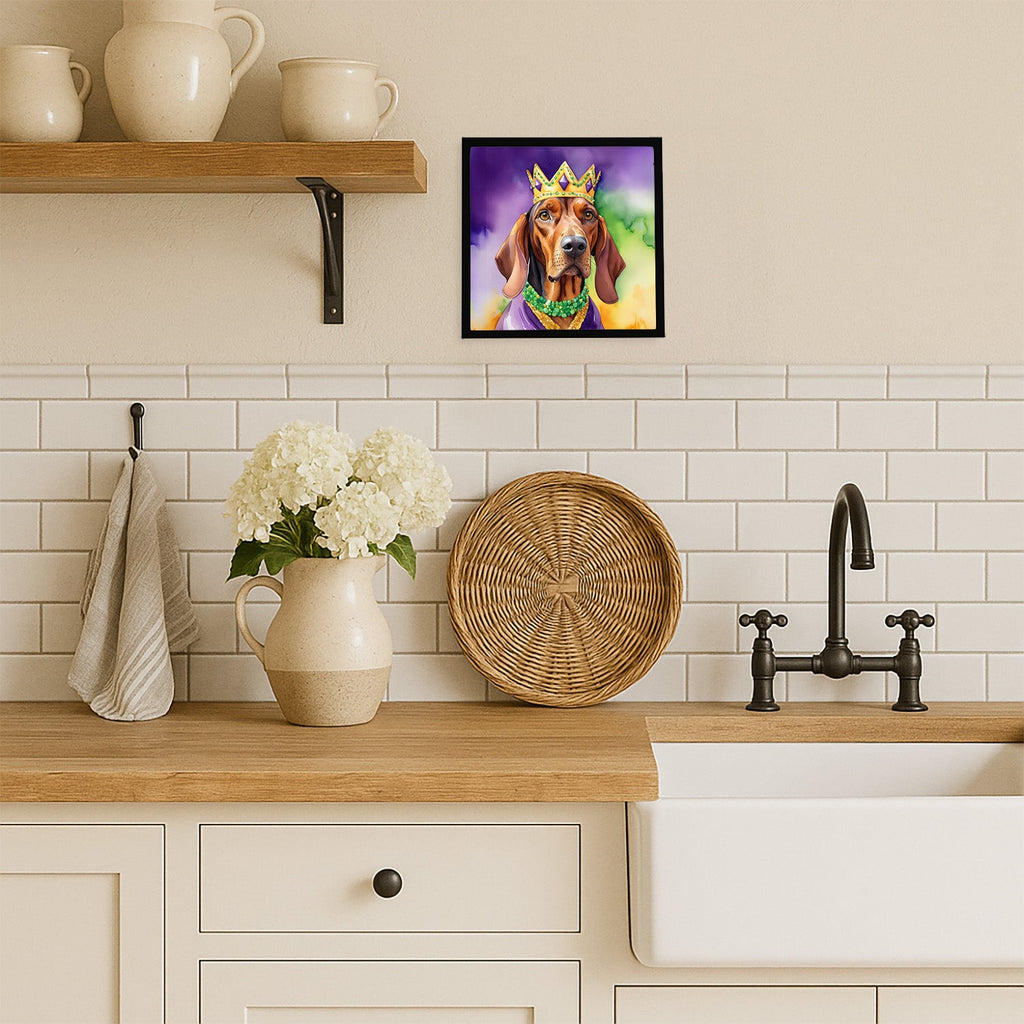 Redbone Coonhound King of Mardi Gras Framed Metal Print Bathroom, Kitchen, Office, Home Decor Wall Art Ready to Hang, Square, 8X8