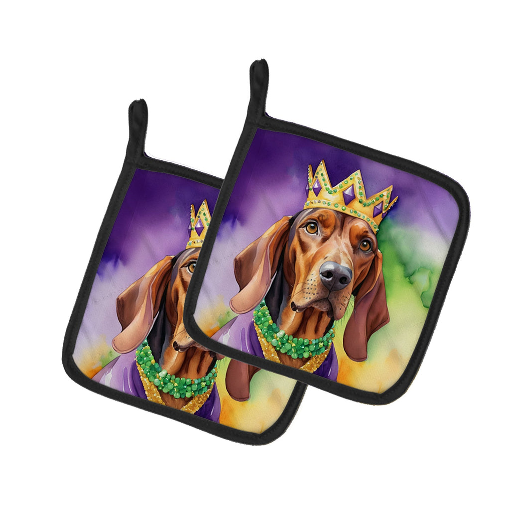 Redbone Coonhound King of Mardi Gras Pot Holder Set of 2 Heat Resistant Quilted Hot Pads 7.5 x 7.5 Inch, Insulated Kitchen Trivets for Cooking & Baking