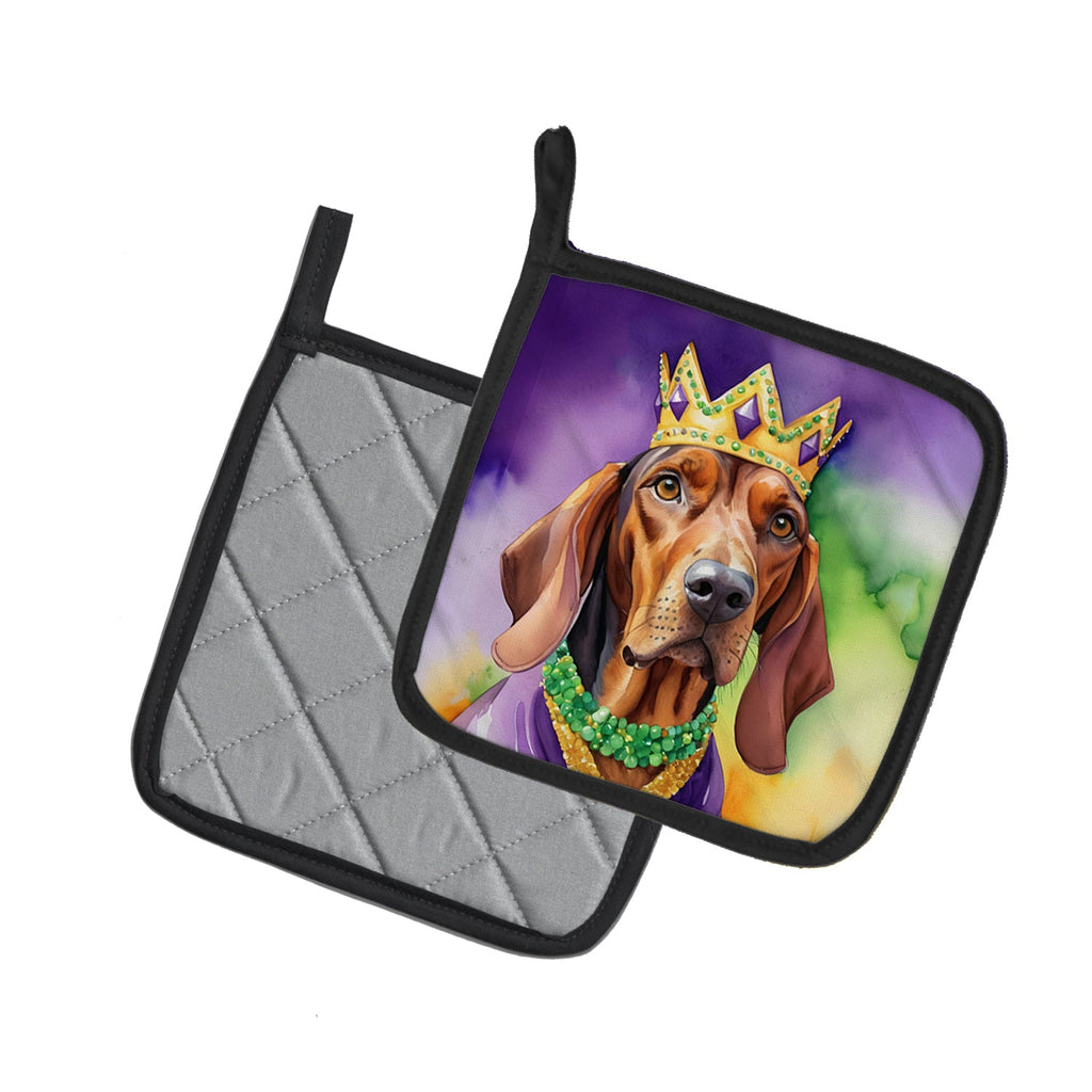Redbone Coonhound King of Mardi Gras Pot Holder Set of 2 Heat Resistant Quilted Hot Pads 7.5 x 7.5 Inch, Insulated Kitchen Trivets for Cooking & Baking
