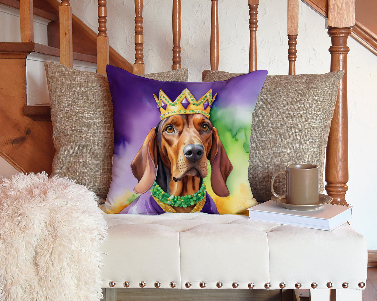 Redbone Coonhound King of Mardi Gras Decorative Throw Pillow 14x14 Indoor Outdoor Accent Cushion, Fabric Cover with Insert for Sofa, Bed, Porch & Living Room