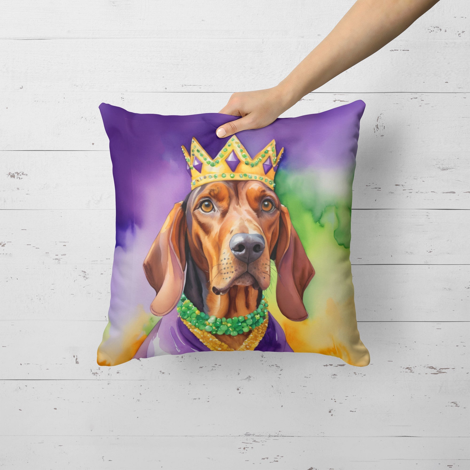 Redbone Coonhound King of Mardi Gras Decorative Throw Pillow 18x18 Indoor Outdoor Accent Cushion, Fabric Cover with Insert for Sofa, Bed, Porch & Living Room