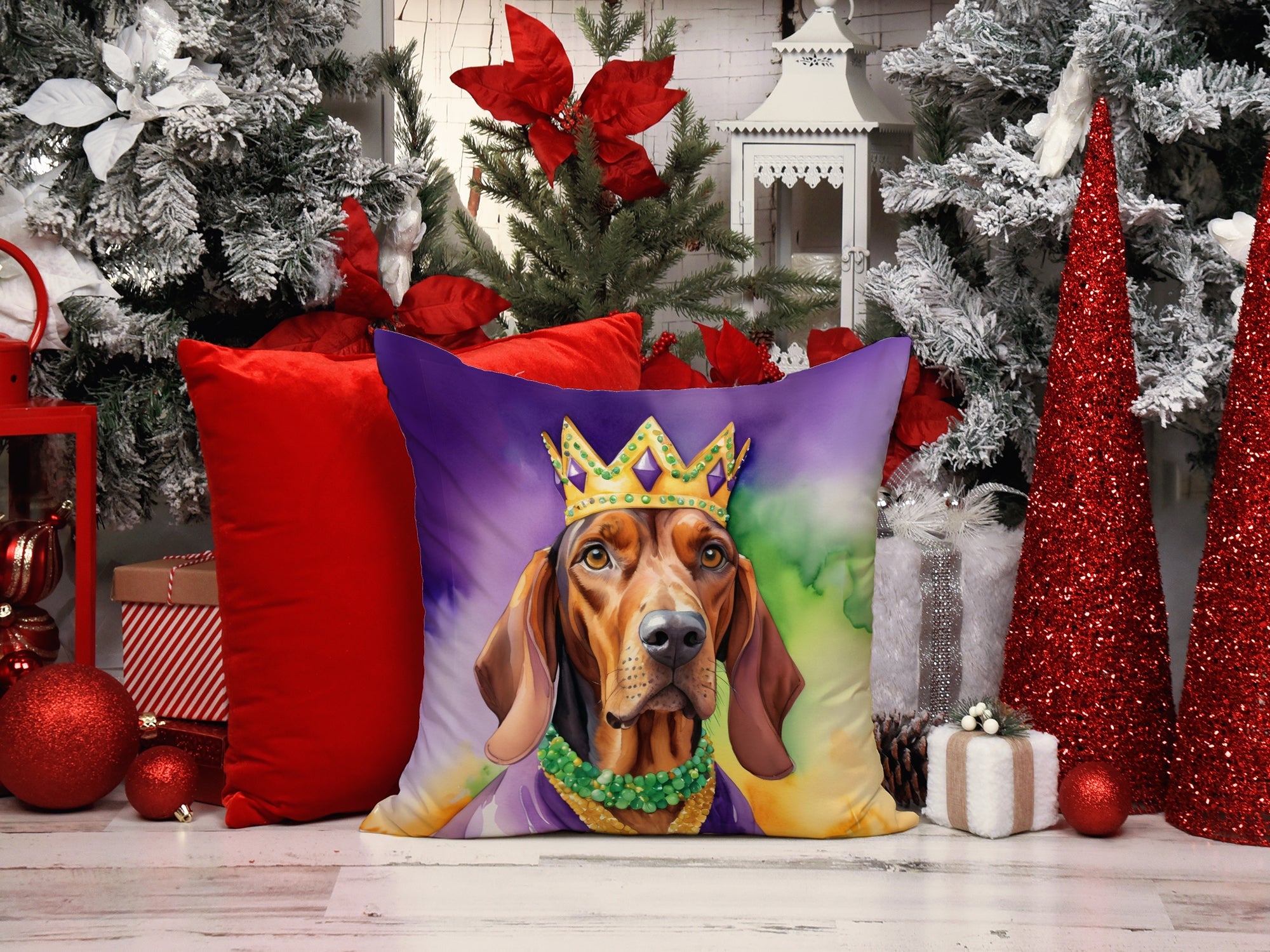 Redbone Coonhound King of Mardi Gras Decorative Throw Pillow 18x18 Indoor Outdoor Accent Cushion, Fabric Cover with Insert for Sofa, Bed, Porch & Living Room
