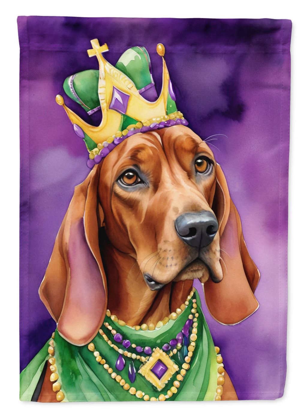 Redbone Coonhound King of Mardi Gras House Flag 28x40 Porch Sleeve Pole Decorative Outside Yard Banner Artwork Wall Hanging, Polyester