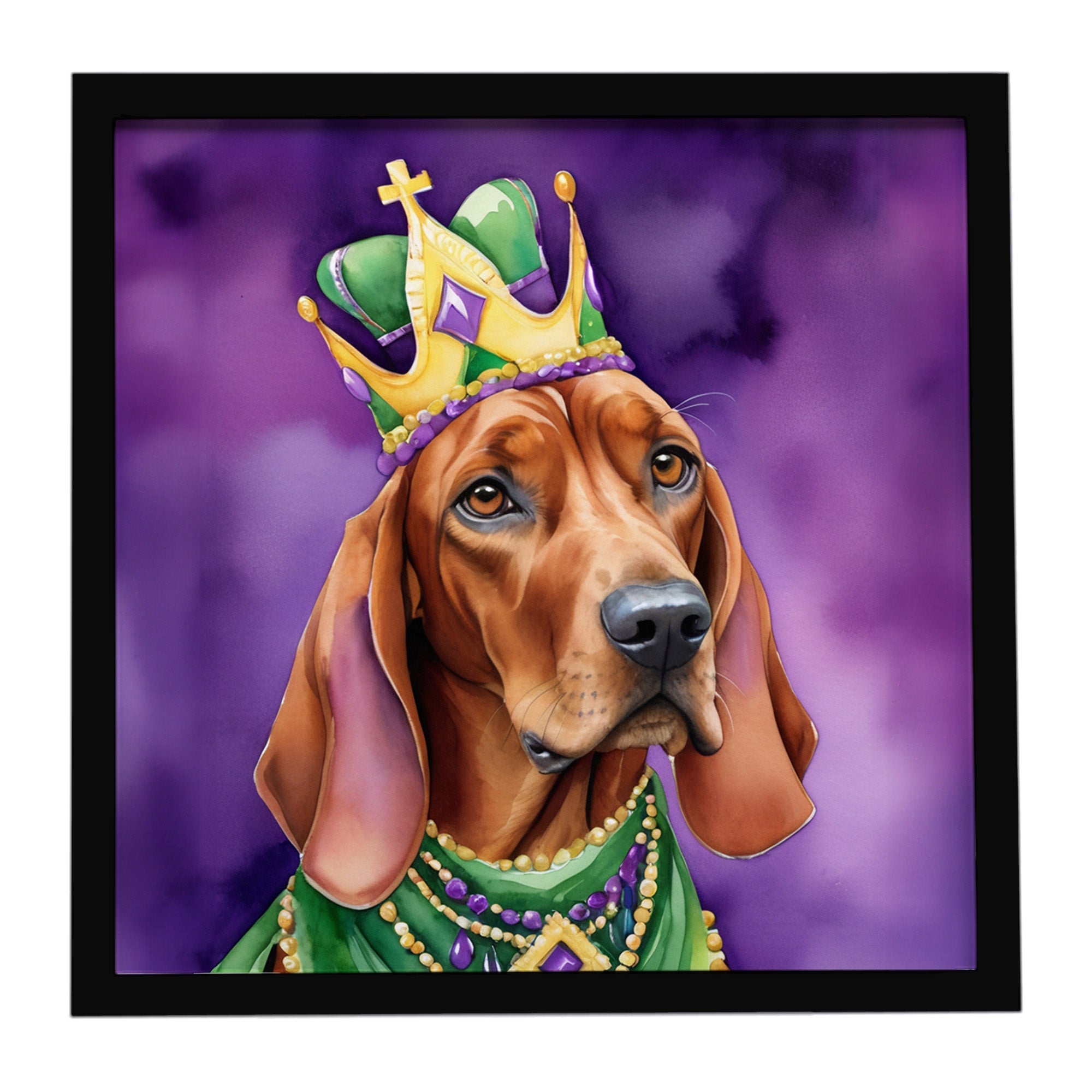 Redbone Coonhound King of Mardi Gras Framed Metal Print Bathroom, Kitchen, Office, Home Decor Wall Art Ready to Hang, Square, 8X8