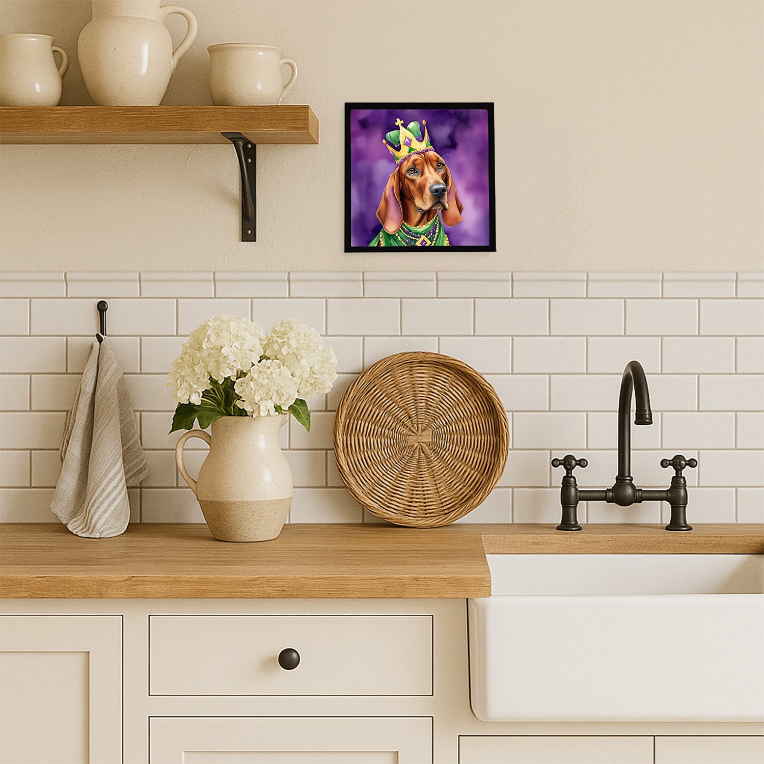 Redbone Coonhound King of Mardi Gras Framed Metal Print Bathroom, Kitchen, Office, Home Decor Wall Art Ready to Hang, Square, 8X8