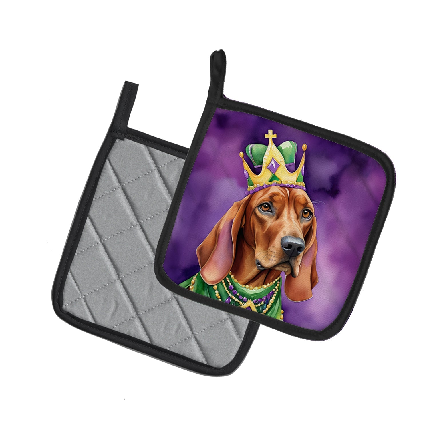 Redbone Coonhound King of Mardi Gras Pot Holder Set of 2 Heat Resistant Quilted Hot Pads 7.5 x 7.5 Inch, Insulated Kitchen Trivets for Cooking & Baking