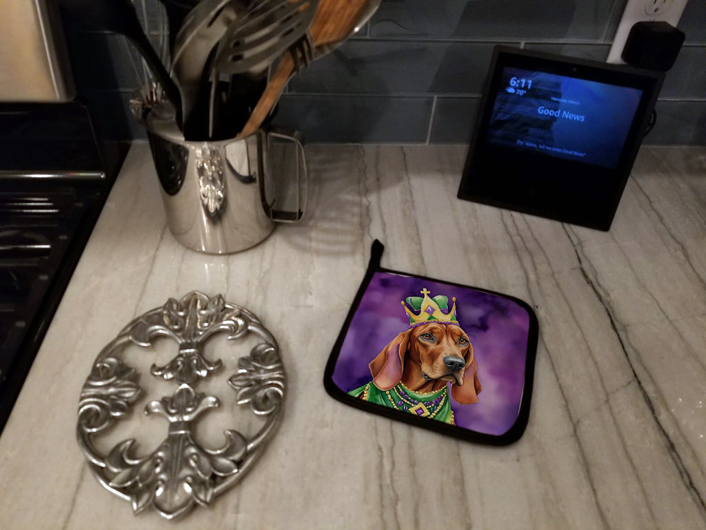 Redbone Coonhound King of Mardi Gras Pot Holder Set of 2 Heat Resistant Quilted Hot Pads 7.5 x 7.5 Inch, Insulated Kitchen Trivets for Cooking & Baking