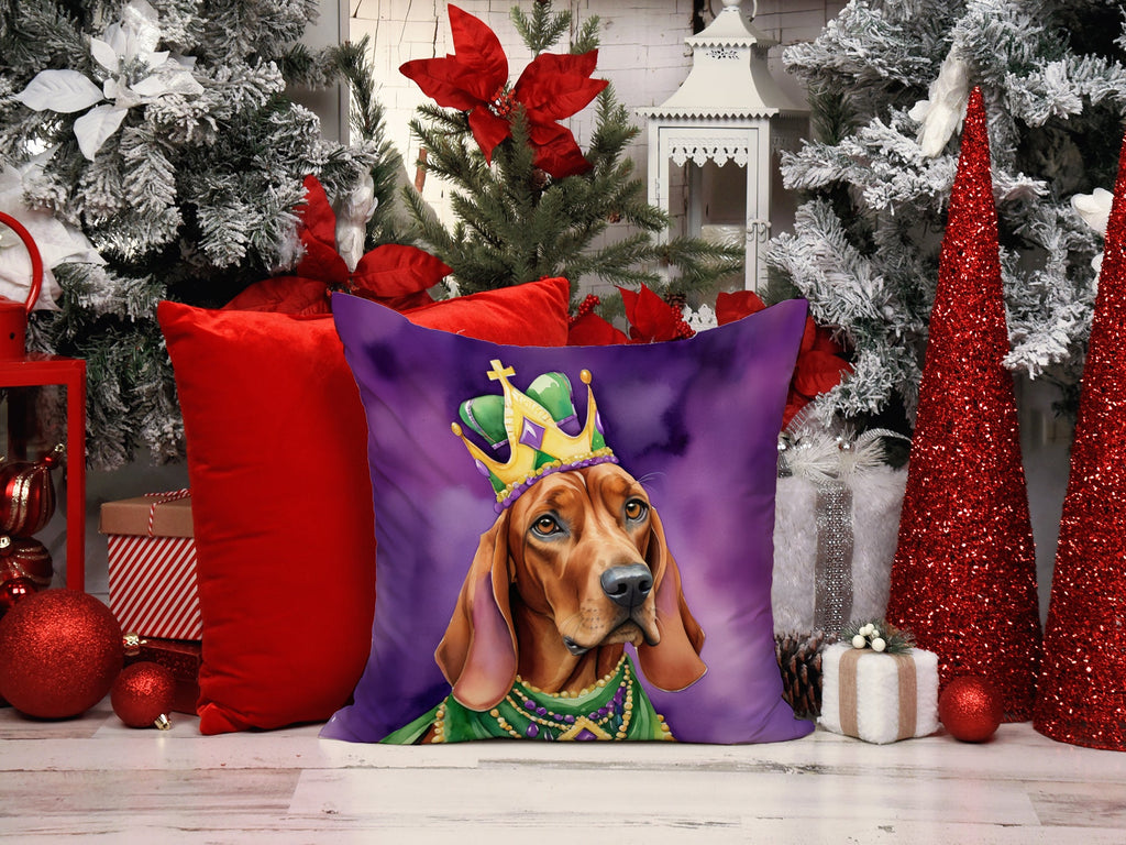 Redbone Coonhound King of Mardi Gras Decorative Throw Pillow 14x14 Indoor Outdoor Accent Cushion, Fabric Cover with Insert for Sofa, Bed, Porch & Living Room