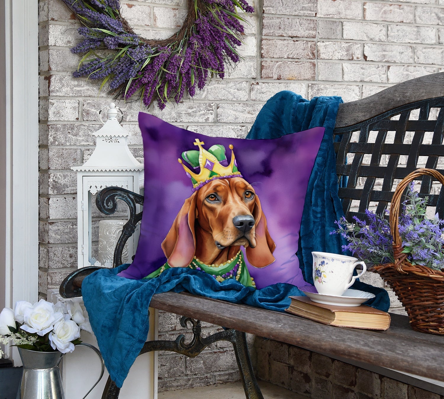 Redbone Coonhound King of Mardi Gras Decorative Throw Pillow 18x18 Indoor Outdoor Accent Cushion, Fabric Cover with Insert for Sofa, Bed, Porch & Living Room