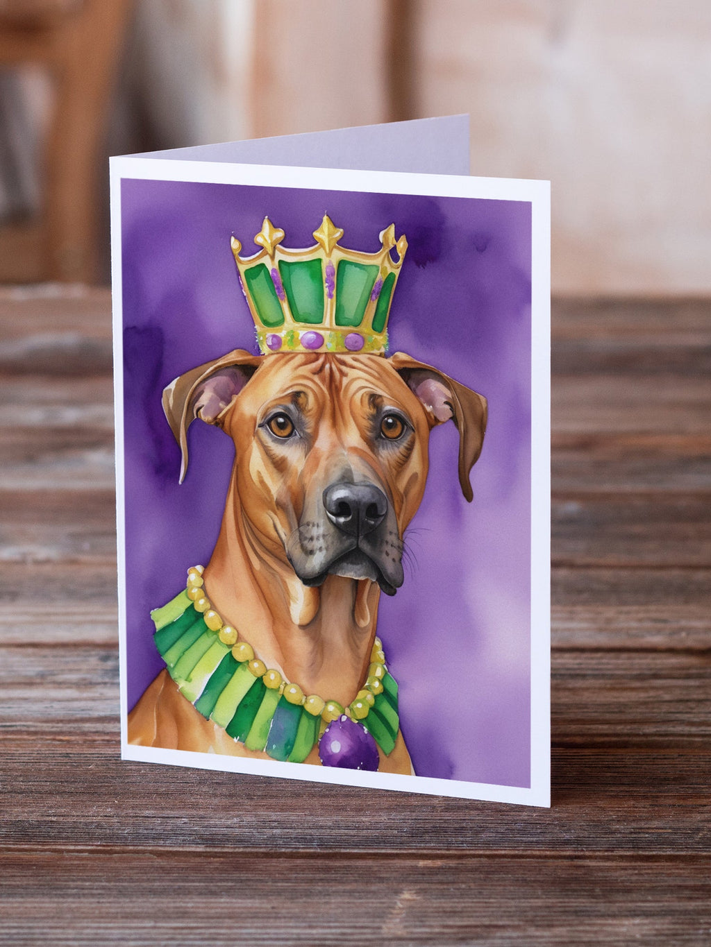 Rhodesian Ridgeback King of Mardi Gras Greeting Cards Pack of 8 Blank Cards with Envelopes Whimsical A7 Size 5x7