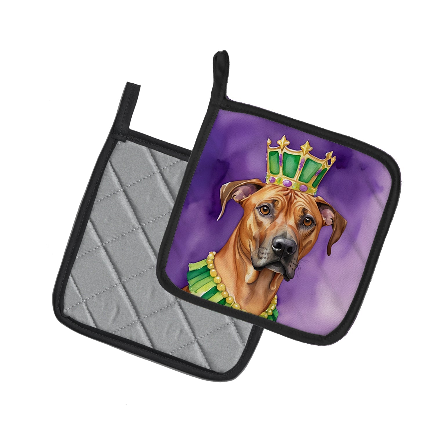 Rhodesian Ridgeback King of Mardi Gras Pot Holder Set of 2 Heat Resistant Quilted Hot Pads 7.5 x 7.5 Inch, Insulated Kitchen Trivets for Cooking & Baking