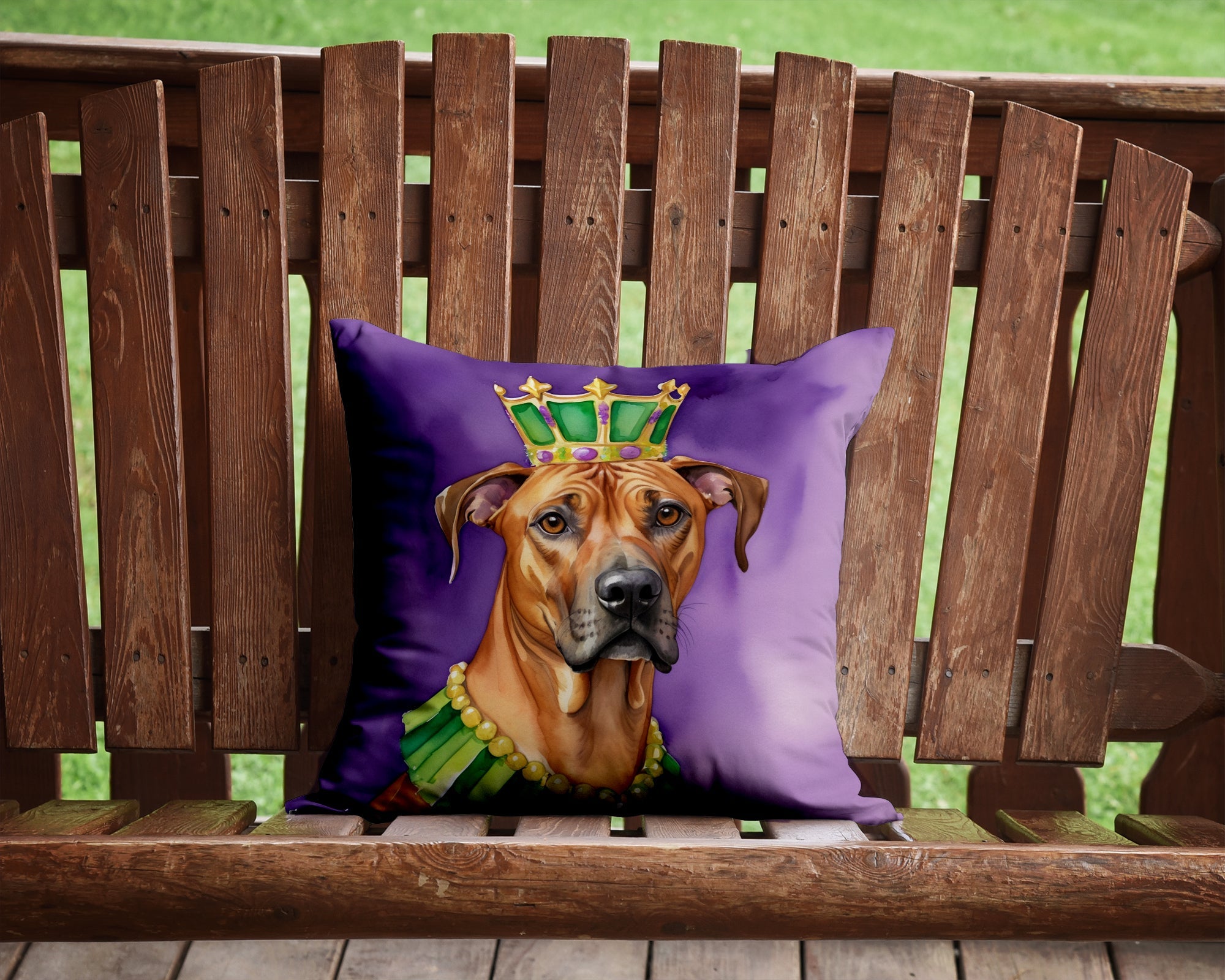 Rhodesian Ridgeback King of Mardi Gras Decorative Throw Pillow 14x14 Indoor Outdoor Accent Cushion, Fabric Cover with Insert for Sofa, Bed, Porch & Living Room
