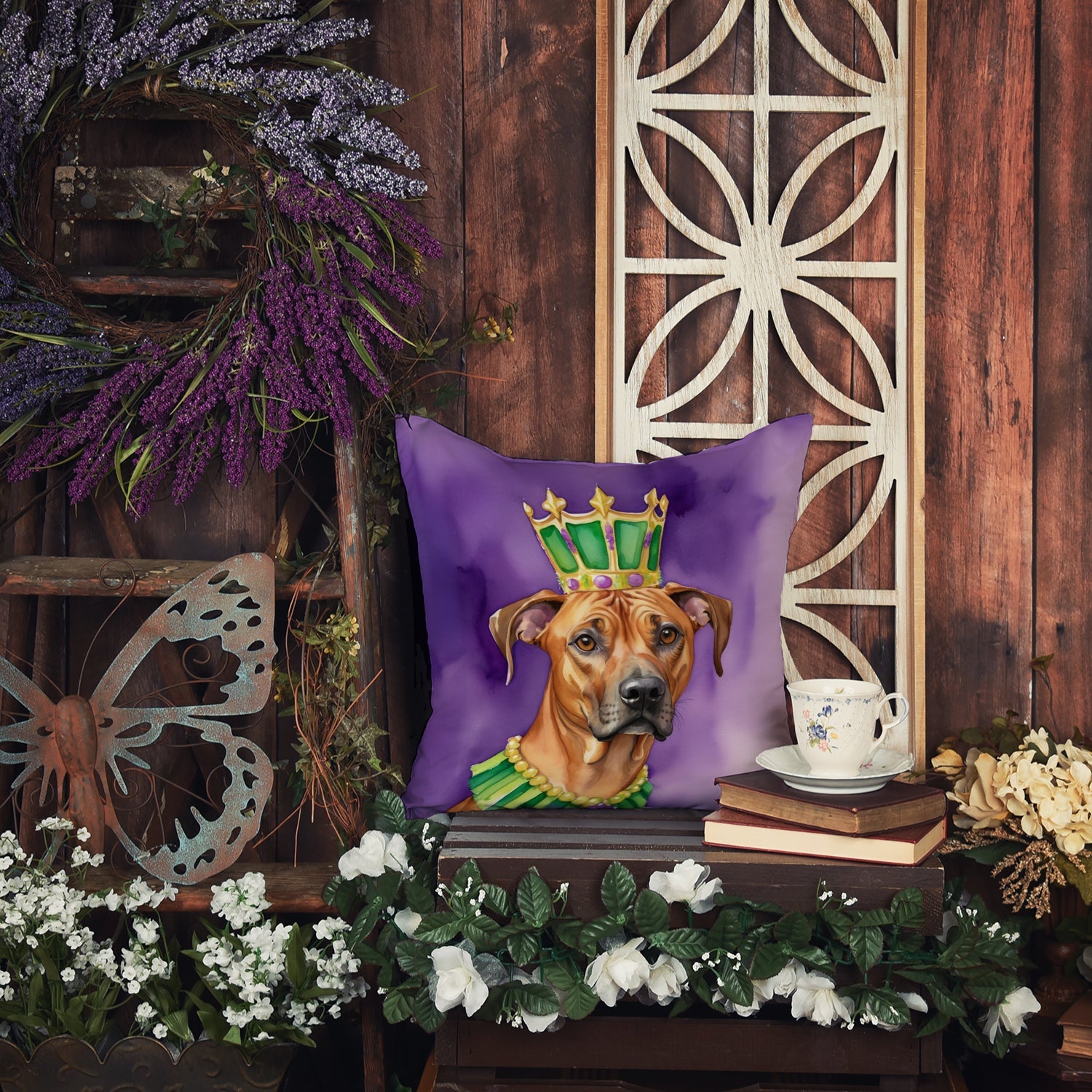Rhodesian Ridgeback King of Mardi Gras Decorative Throw Pillow 14x14 Indoor Outdoor Accent Cushion, Fabric Cover with Insert for Sofa, Bed, Porch & Living Room