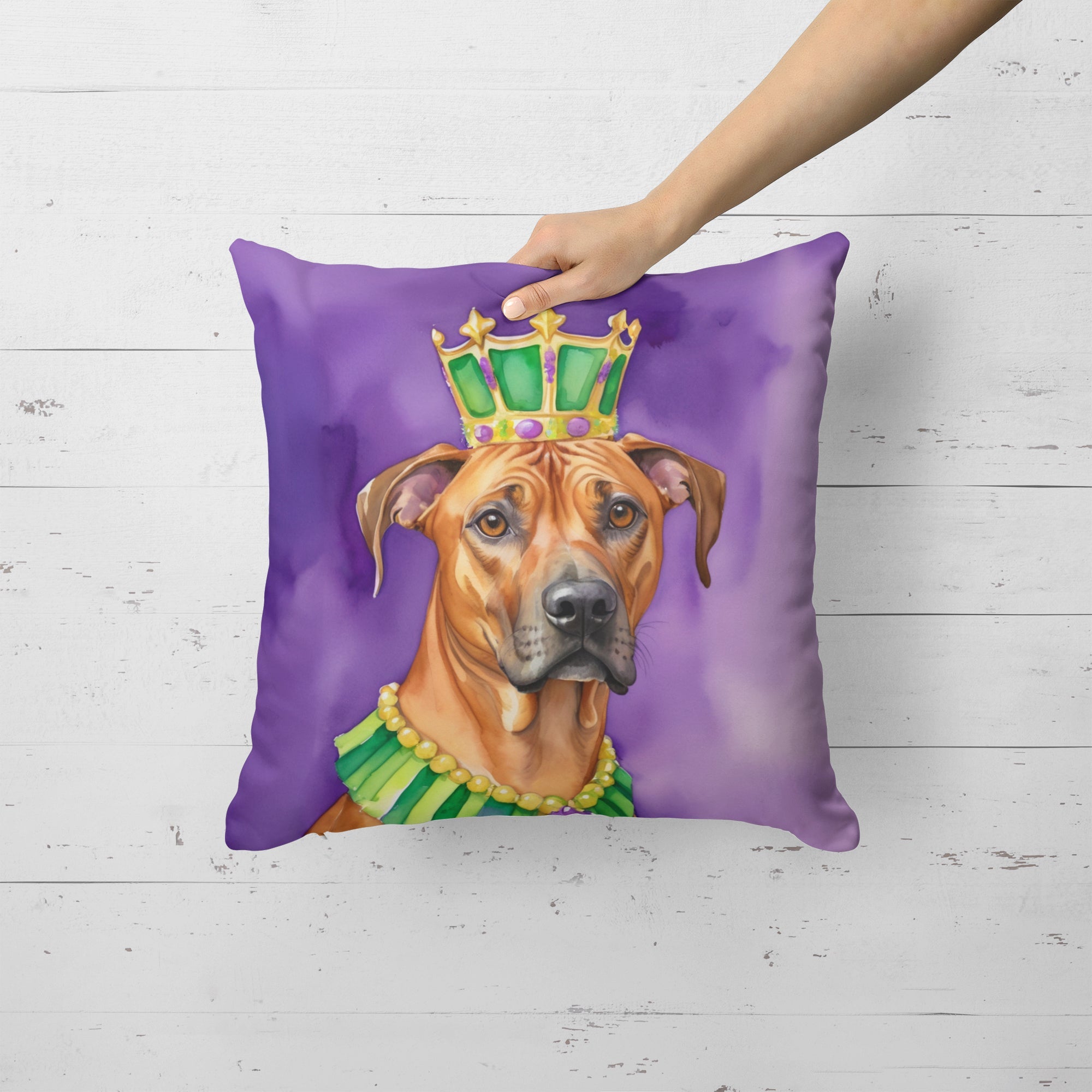 Rhodesian Ridgeback King of Mardi Gras Decorative Throw Pillow 18x18 Indoor Outdoor Accent Cushion, Fabric Cover with Insert for Sofa, Bed, Porch & Living Room