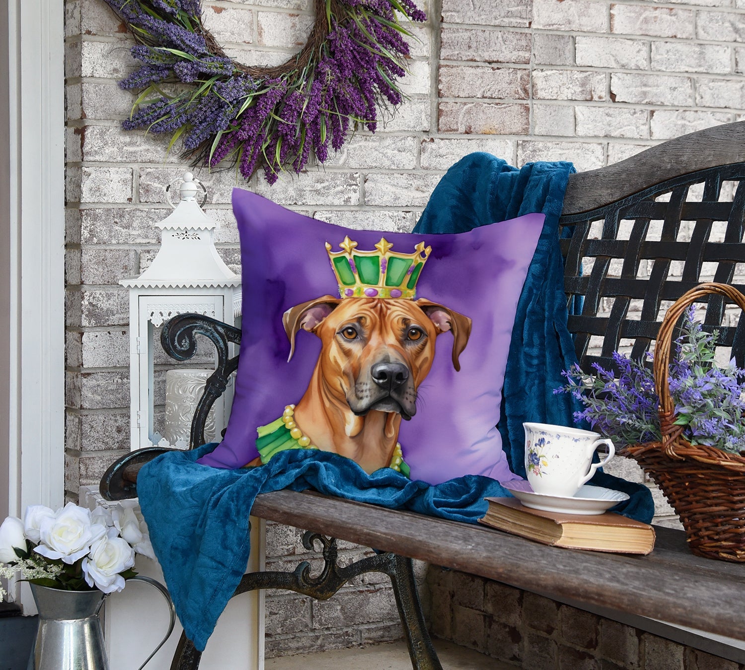 Rhodesian Ridgeback King of Mardi Gras Decorative Throw Pillow 18x18 Indoor Outdoor Accent Cushion, Fabric Cover with Insert for Sofa, Bed, Porch & Living Room