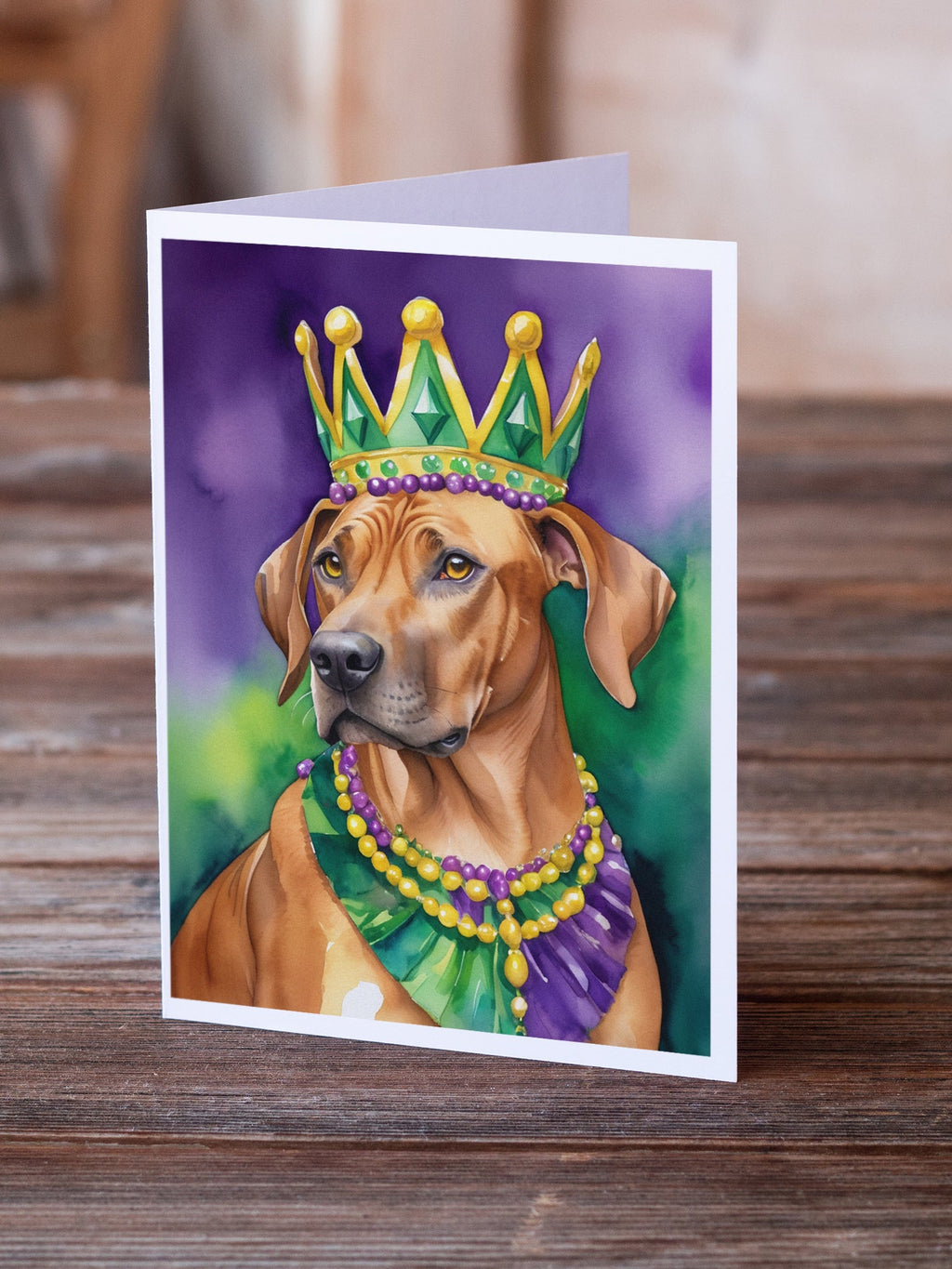 Rhodesian Ridgeback King of Mardi Gras Greeting Cards Pack of 8 Blank Cards with Envelopes Whimsical A7 Size 5x7