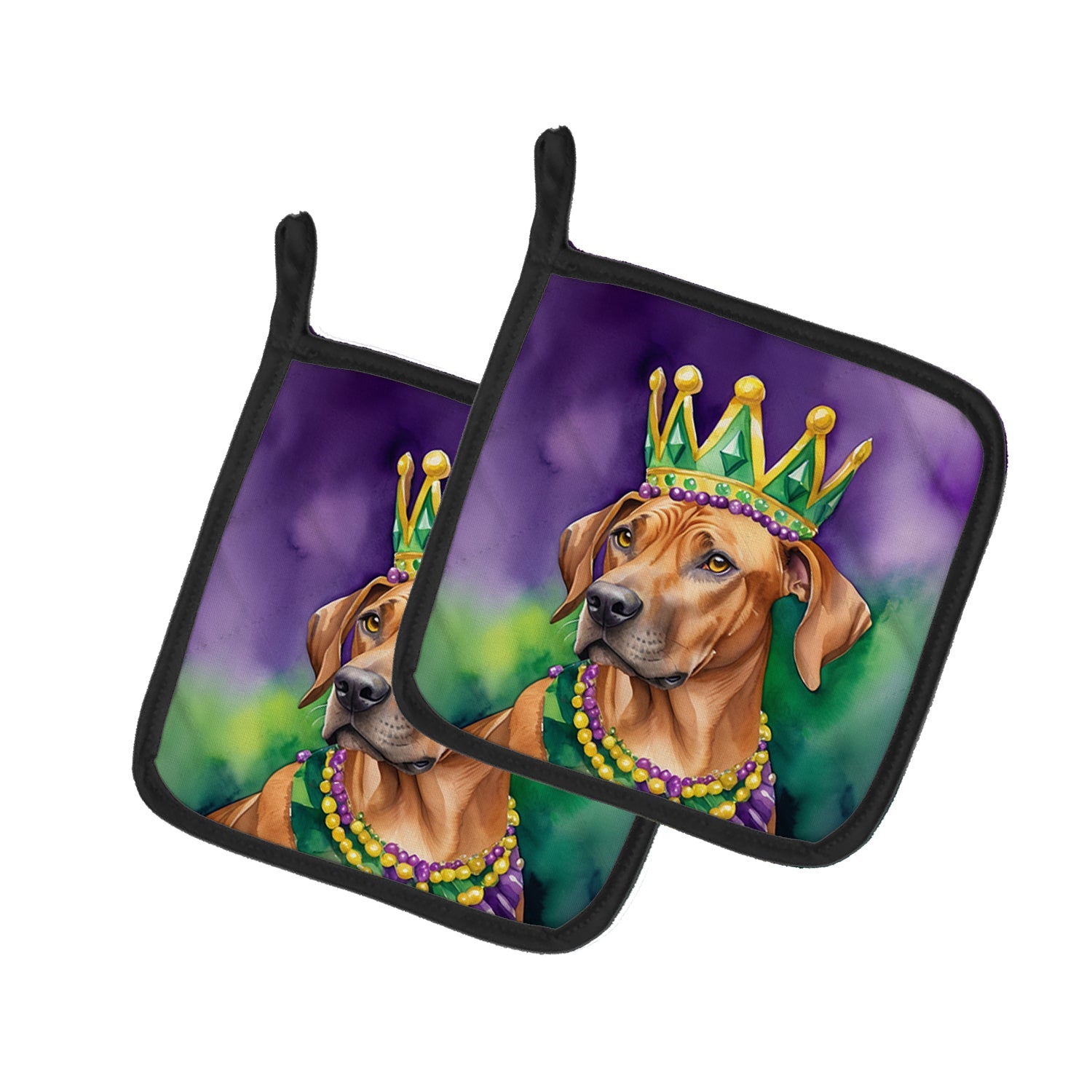 Rhodesian Ridgeback King of Mardi Gras Pot Holder Set of 2 Heat Resistant Quilted Hot Pads 7.5 x 7.5 Inch, Insulated Kitchen Trivets for Cooking & Baking