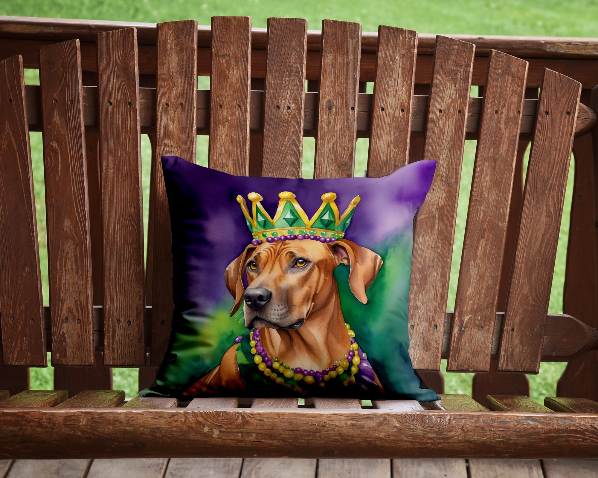 Rhodesian Ridgeback King of Mardi Gras Decorative Throw Pillow 14x14 Indoor Outdoor Accent Cushion, Fabric Cover with Insert for Sofa, Bed, Porch & Living Room