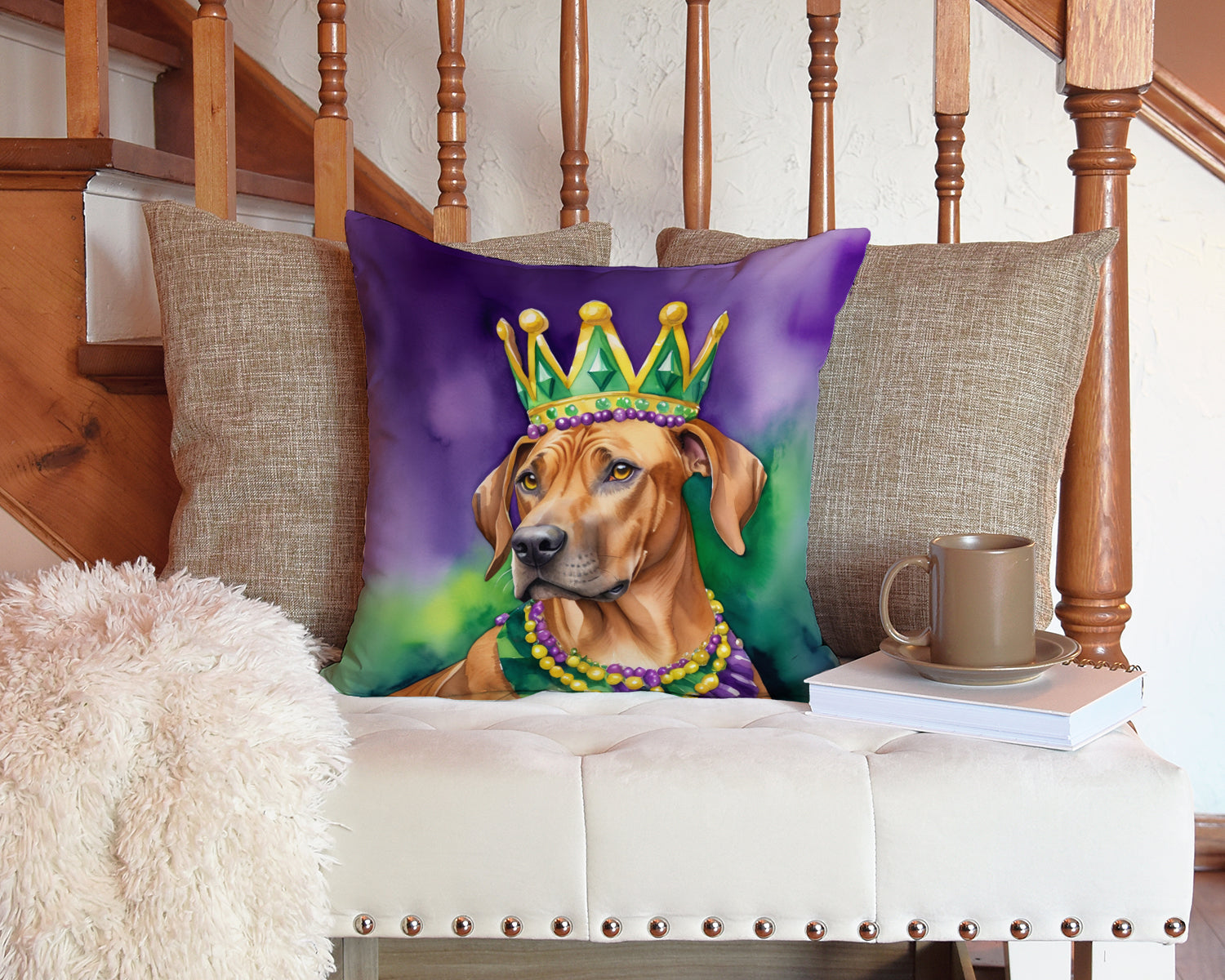 Rhodesian Ridgeback King of Mardi Gras Decorative Throw Pillow 14x14 Indoor Outdoor Accent Cushion, Fabric Cover with Insert for Sofa, Bed, Porch & Living Room