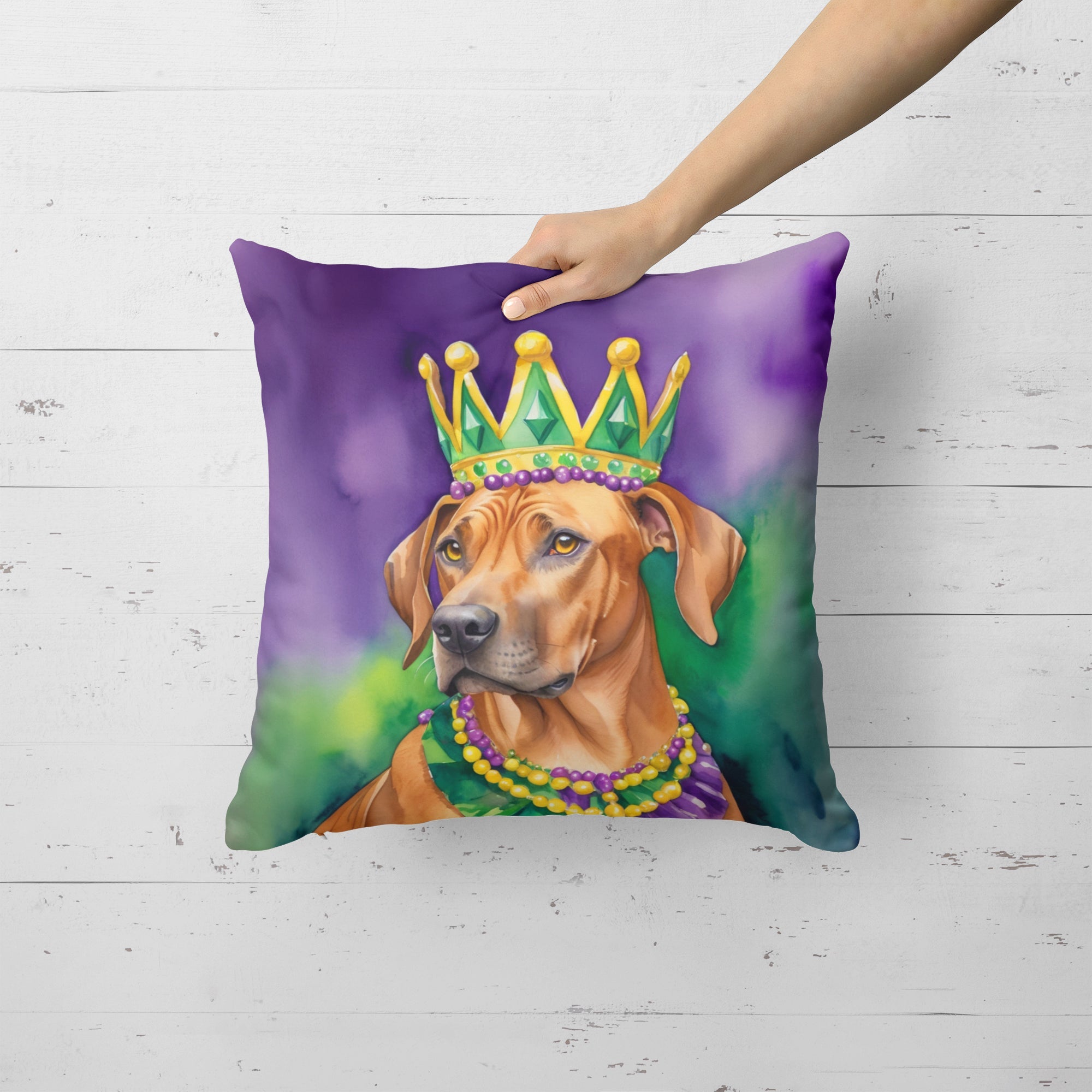 Rhodesian Ridgeback King of Mardi Gras Decorative Throw Pillow 18x18 Indoor Outdoor Accent Cushion, Fabric Cover with Insert for Sofa, Bed, Porch & Living Room