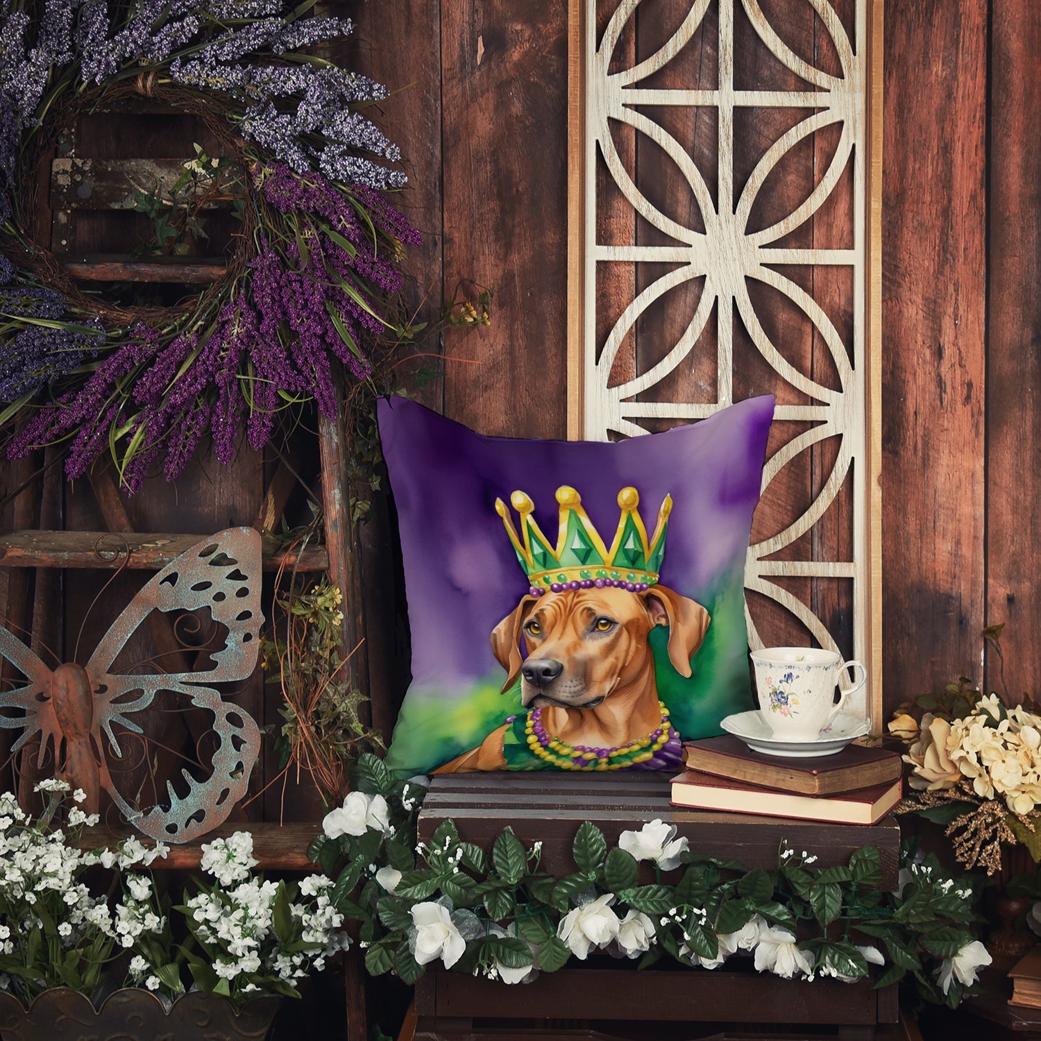 Rhodesian Ridgeback King of Mardi Gras Decorative Throw Pillow 18x18 Indoor Outdoor Accent Cushion, Fabric Cover with Insert for Sofa, Bed, Porch & Living Room