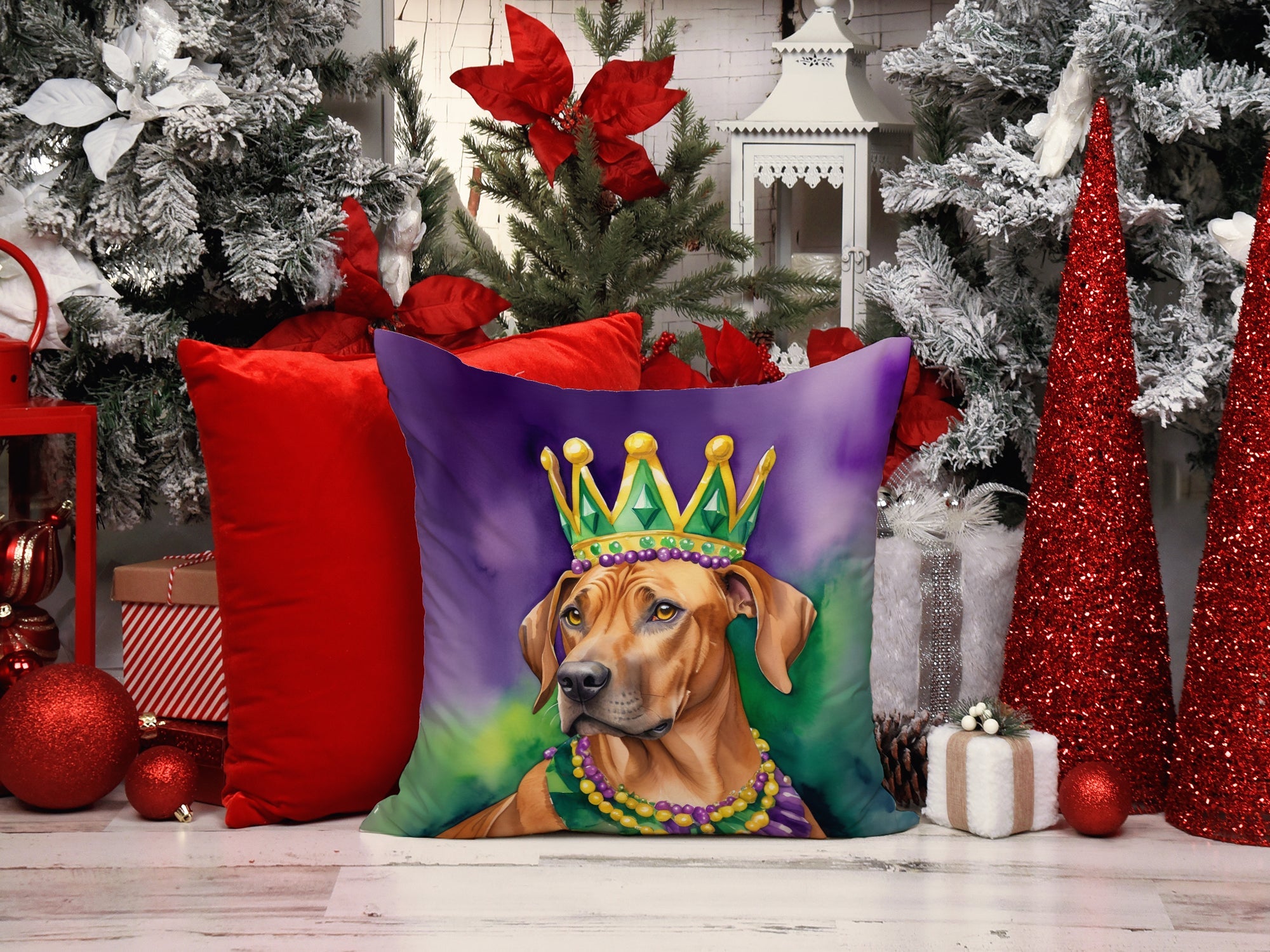 Rhodesian Ridgeback King of Mardi Gras Decorative Throw Pillow 18x18 Indoor Outdoor Accent Cushion, Fabric Cover with Insert for Sofa, Bed, Porch & Living Room