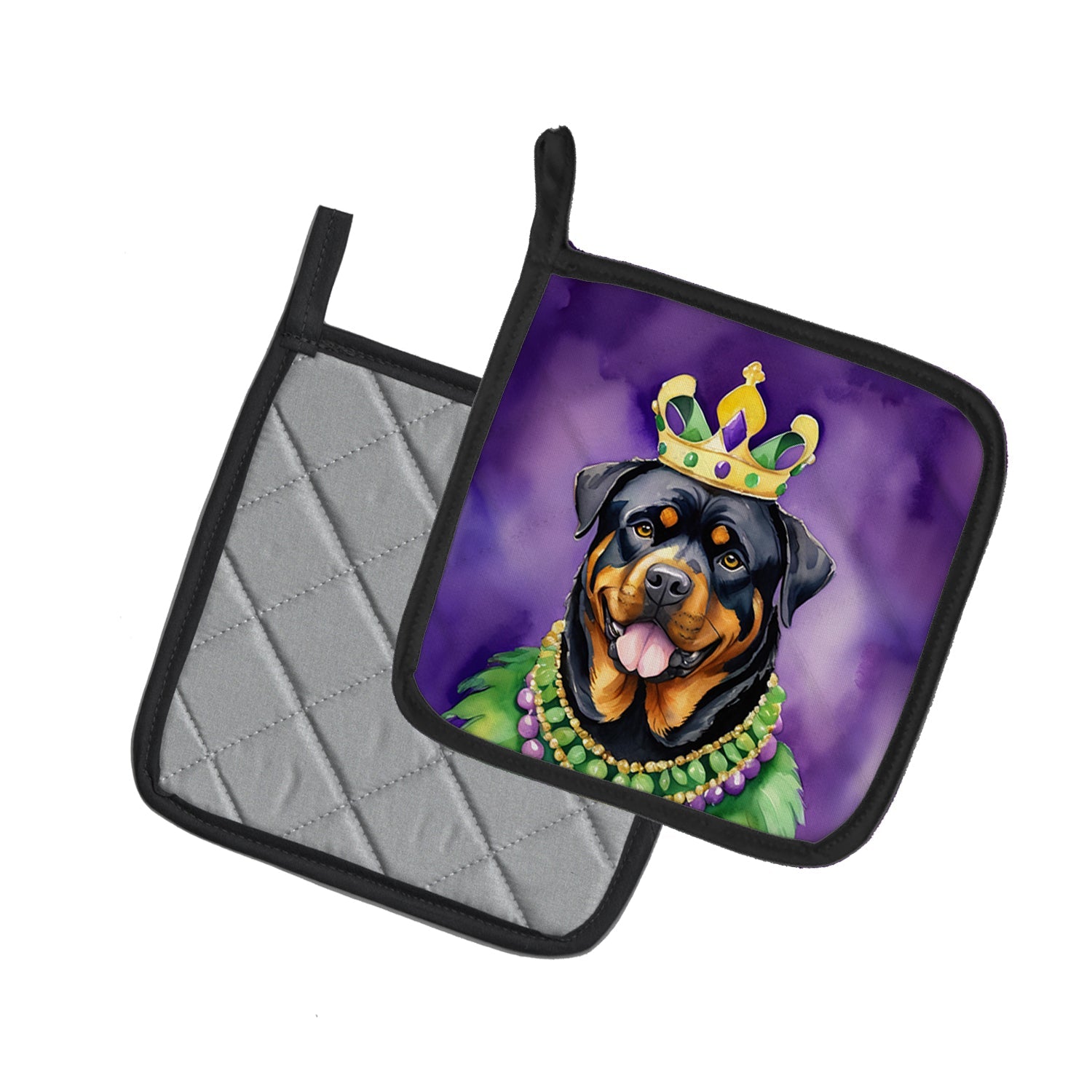 Rottweiler King of Mardi Gras Pot Holder Set of 2 Heat Resistant Quilted Hot Pads 7.5 x 7.5 Inch, Insulated Kitchen Trivets for Cooking & Baking