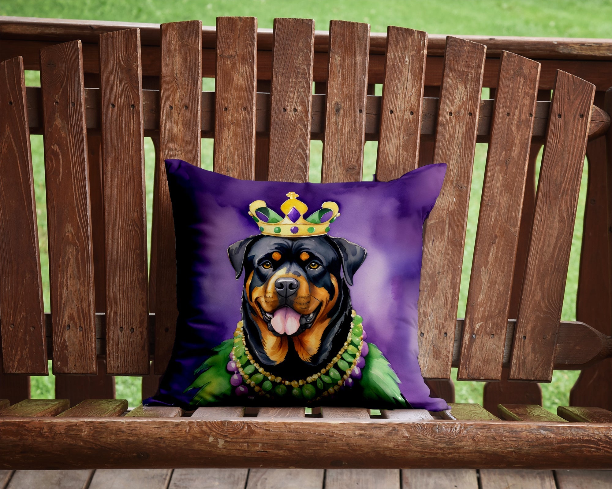 Rottweiler King of Mardi Gras Decorative Throw Pillow 14x14 Indoor Outdoor Accent Cushion, Fabric Cover with Insert for Sofa, Bed, Porch & Living Room