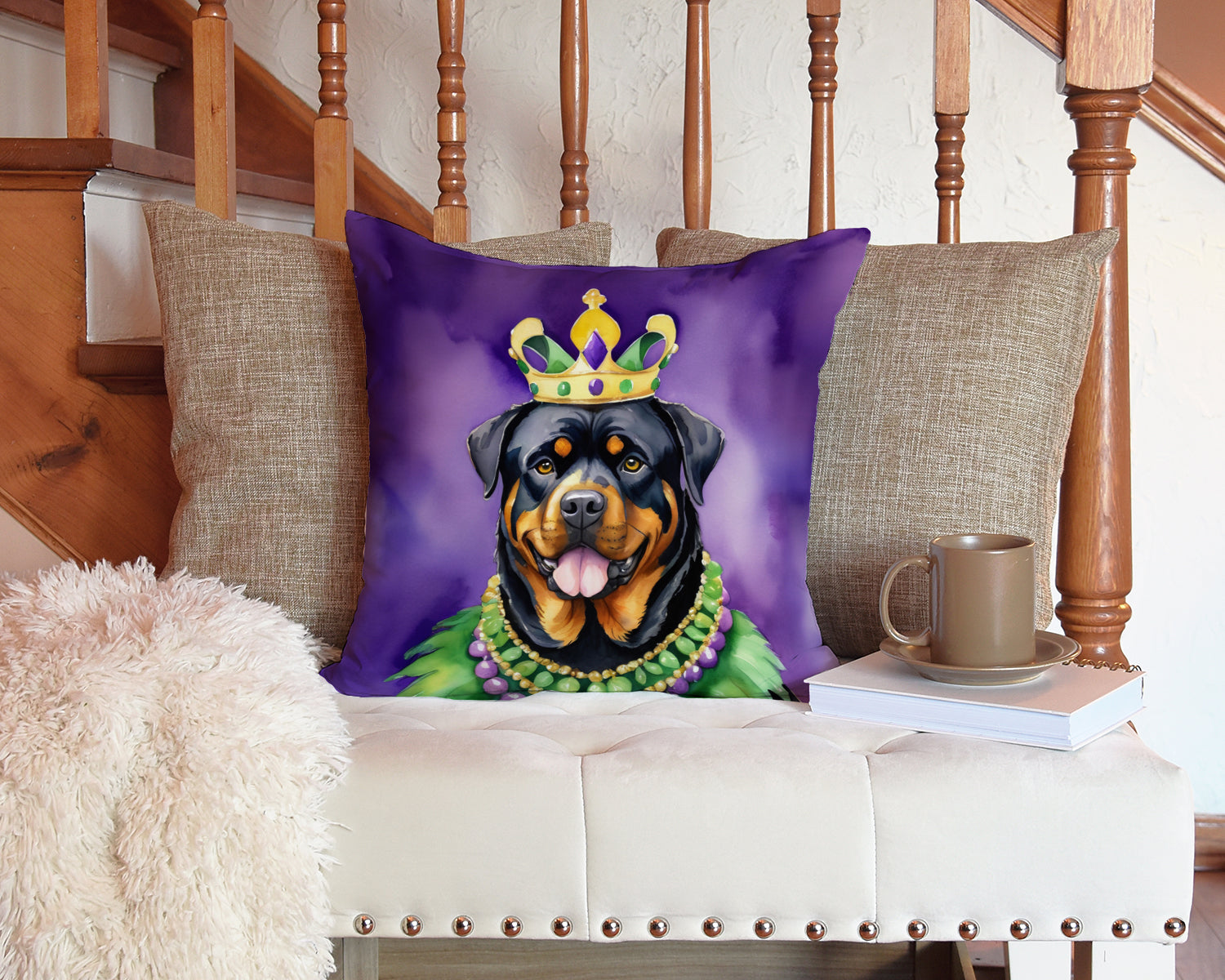 Rottweiler King of Mardi Gras Decorative Throw Pillow 14x14 Indoor Outdoor Accent Cushion, Fabric Cover with Insert for Sofa, Bed, Porch & Living Room
