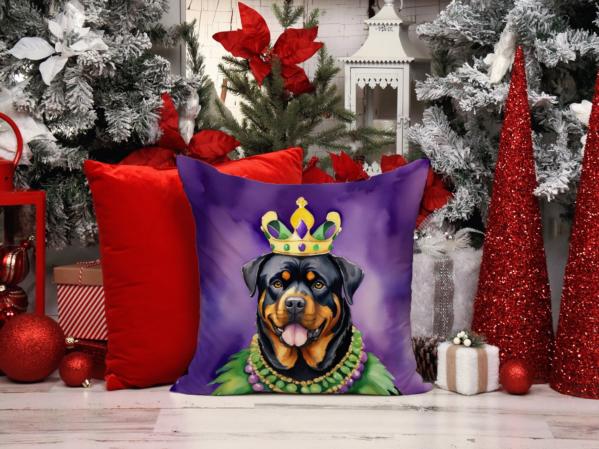Rottweiler King of Mardi Gras Decorative Throw Pillow 14x14 Indoor Outdoor Accent Cushion, Fabric Cover with Insert for Sofa, Bed, Porch & Living Room
